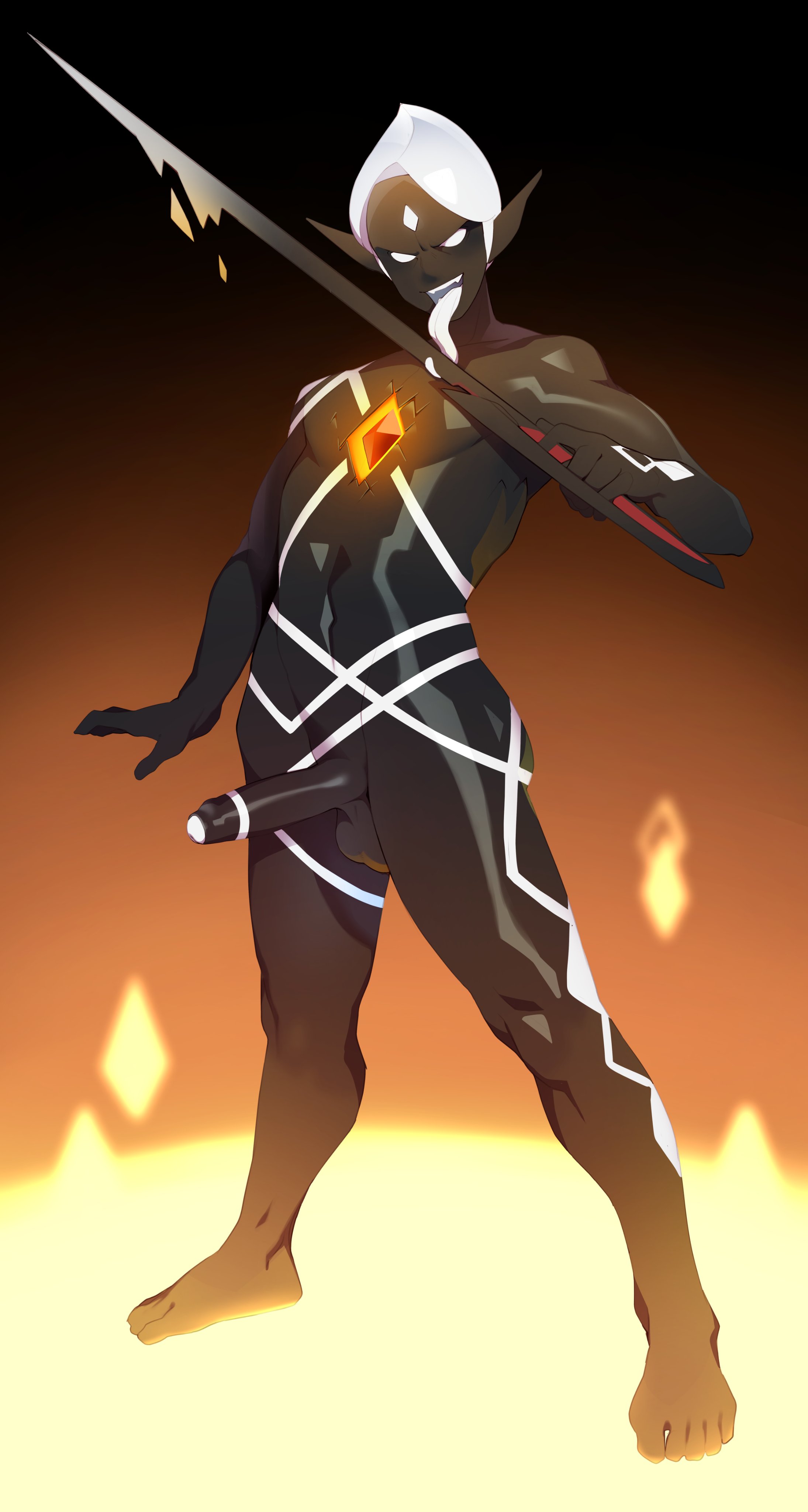 1boy, absurd res, balls, black body, chest jewel, combos-n-doodles, empty eyes, forehead jewel, foreskin, ghirahim, long tongue, looking at viewer, male, male only, nintendo, nude, nude male, open mouth, penis, pointy ears, skyward sword, solo, solo male, sword, the legend of zelda, tongue, tongue out, uncircumcised, white eyes, white hair, white tongue