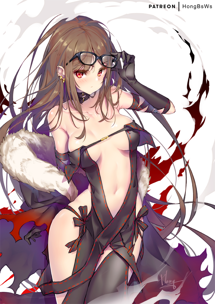 adjusting_eyewear akuta_hinako arm_behind_back bangs bare_shoulders black-framed_eyewear black_dress blush breasts brown_hair center_opening choker clavicle dress ear_piercing earrings eyebrows_visible_through_hair fate/grand_order fate_(series) female female fur-trimmed_jacket fur_collar fur_trim glasses_in_hand glasses_removed gold holding holding_object hong_(white_spider) jacket jewelry long_hair looking_at_viewer medium_breasts megane multiple_earrings navel patreon_username piercing red_eyes revealing_clothes sidelocks signature skindentation solo stomach strapless strapless_dress tagme thighs very_long_hair yu_miaoyi_(fate)