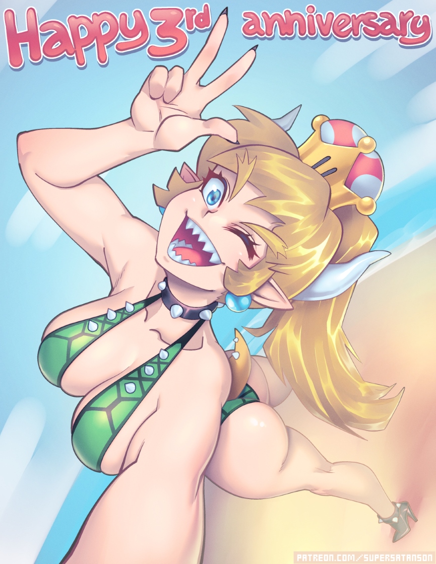 1girls, ass, big ass, big breasts, bowsette, breasts, female, female only, large breasts, looking at viewer, mario (series), new super mario bros. u deluxe, open mouth, selfie, solo, supersatanson