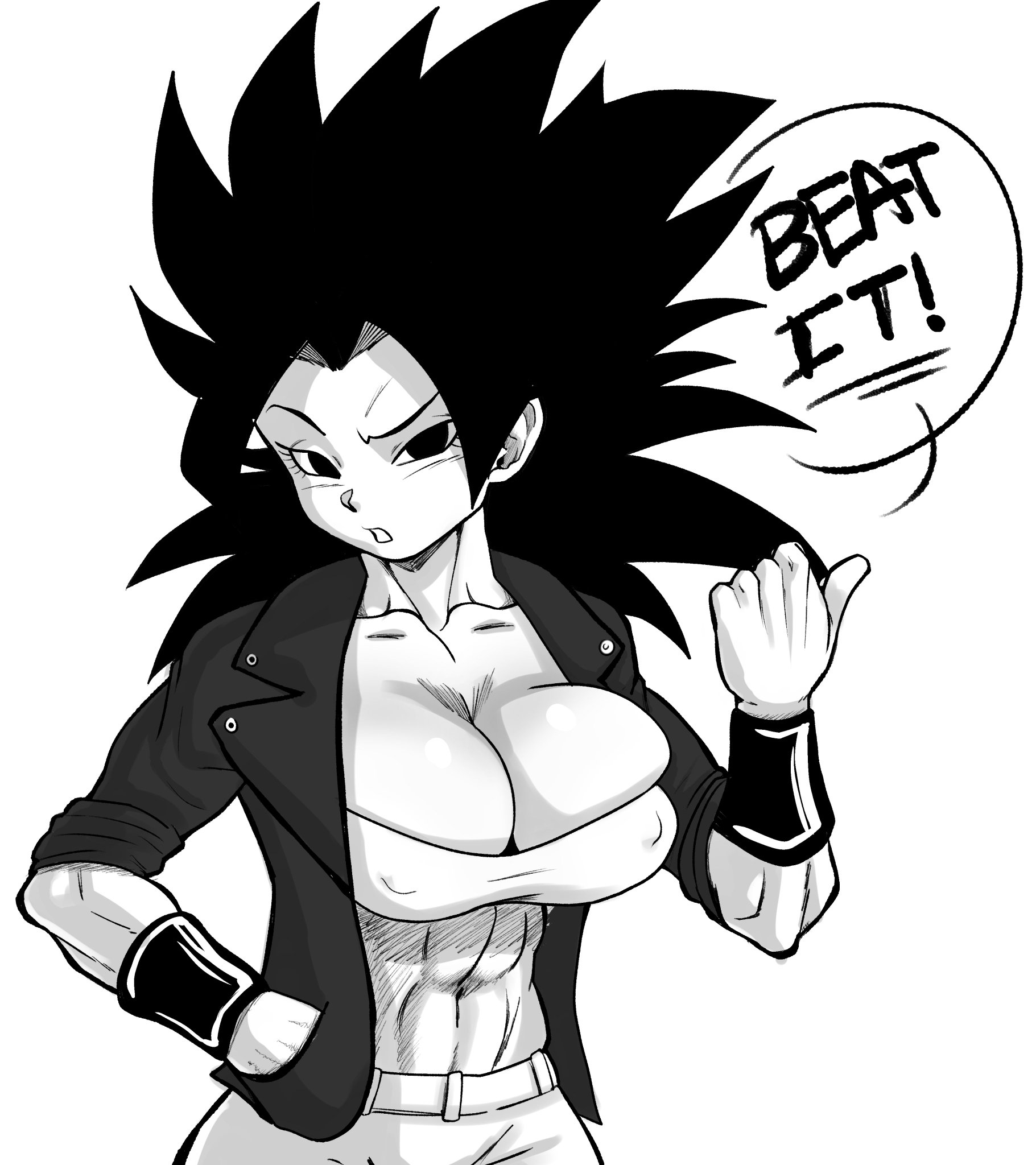 big breasts, bra, breasts, caulifla, dragon ball, dragon ball super, female, jacket, monochrome, pants, pseudocel, solo, tagme, tight clothing, tight fit, tomboy, tube top, tubetop