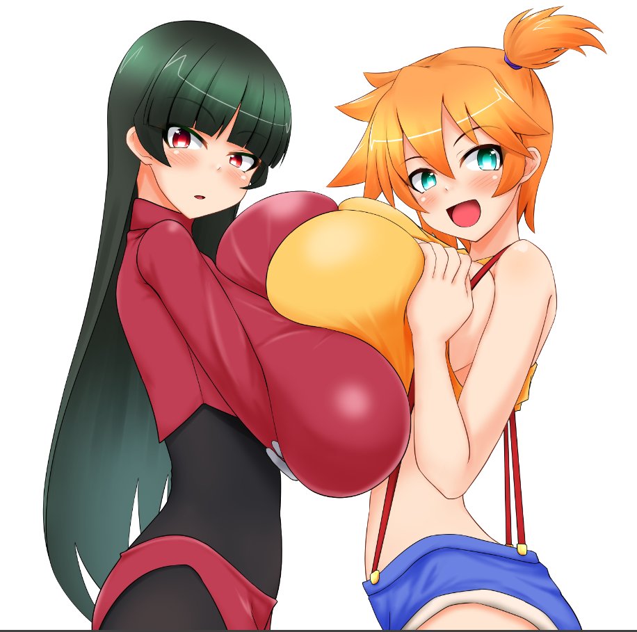 2girls alternate_breast_size armpits asymmetrical_hair big_breasts bimbo blush breasts clothing denim denim_shorts eyelashes female female_only fully_clothed game_freak gen_1_pokemon gigantic_breasts green_eyes gym_leader hair_tie high_resolution hips huge_breasts hyper_breasts kasumi_(pokemon) large_breasts legs long_hair looking_at_viewer massive_breasts multiple_girls navel nintendo orange_hair parmiria pokemon pokemon_(anime) pokemon_(classic_anime) pokemon_(game) pokemon_rgby ponytail red_eyes sabrina_(pokemon) shirt short_hair short_shorts shorts side_ponytail suspenders tank_top tied_hair yellow_shirt yellow_tank_top