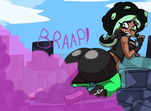 ass, big ass, big butt, brap, da-fuze, dark skin, dark-skinned female, fard, fart, fart cloud, female, giantess, macro, marina (splatoon), onomatopoeia, splatoon