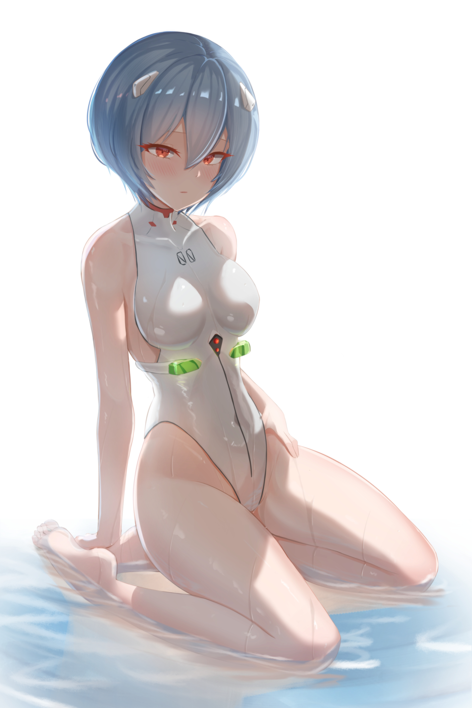 barefoot, blush, breasts, chin length hair, female, medium breasts, neon genesis evangelion, one-piece swimsuit, plugsuit, rei ayanami, skin tight, swimsuit, water, wet
