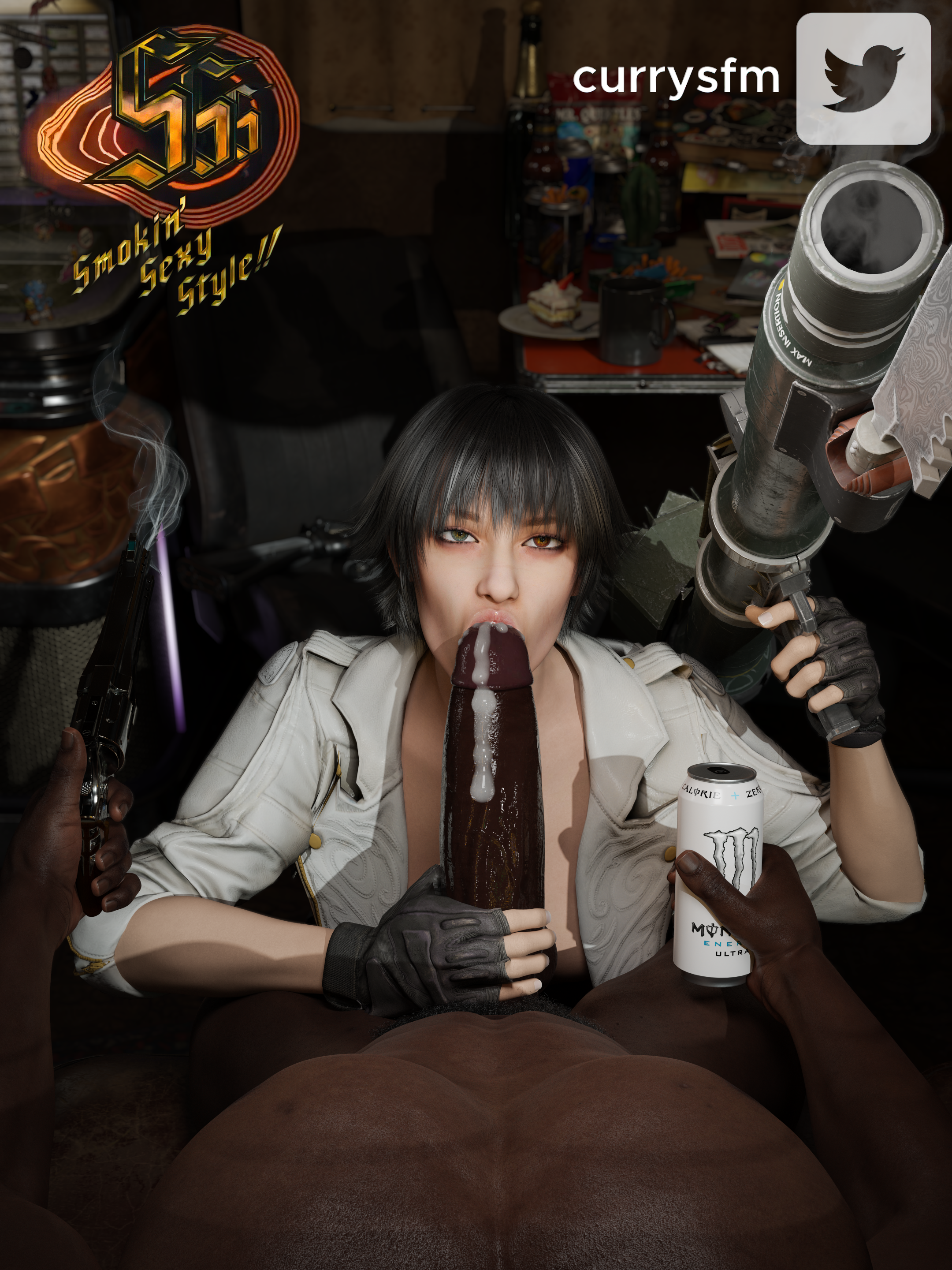 1boy, 1boy1girl, 1female, 1girls, 1male, 3d, 3d (artwork), 5 fingers, artist name, artist signature, big penis, black fingerless gloves, black gloves, black hair, black male, black penis, blowjob, capcom, cfnm, clothed, clothed female, clothed female nude male, clothes, clothing, completely naked, completely naked male, completely nude, completely nude male, cum, currysfm, dark hair, dark skin, dark-skinned male, detailed background, devil may cry, devil may cry (series), devil may cry 5, ejaculation, energy drink, english, english text, erect penis, erection, eyelashes, eyes open, fellatio, female, female focus, fingerless gloves, firearm, game ui, gloves, green eyes, gun, hair, hand on penis, hetero, hetero sex, heterochromia, heterosexual, holding object, holding penis, holding weapon, huge cock, huge penis, human, human only, indoors, inside, interracial, interracial sex, jacket, kalina ann (weapon), kissing penis, lady (devil may cry), large penis, leather clothing, leather jacket, light skin, light-skinned female, long penis, looking at partner, male, male on female, male pov, male pubic hair, male/female, monster energy, monster energy can, monster energy drink, naked, naked male, no bra, nude, nude male, nude male clothed female, nudity, open eyes, oral, oral sex, orgasm, pale, pale skin, pale-skinned female, penis, pink lips, pistol, pov, pubic hair, red eyes, revolver, rocket launcher, room, semen, sex, short hair, signature, sitting, straight, straight hair, straight sex, text, thick penis, uncensored, vein, veins, veins on dick, veiny, veiny cock, veiny penis, weapon, weapons, white female, white jacket