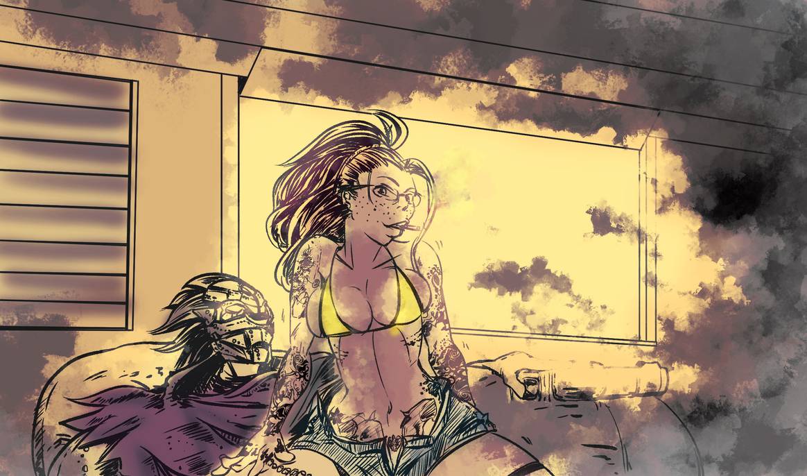 1boy 1girls bikini bikini_top capcom cigarette cleavage clothed crossover crossover_pairing darksiders devil_may_cry devil_may_cry_5 eastern_and_western_character freckled_skin freckles freckles_on_face glasses mask masked masked_male nicoletta_goldstein scarf short_shorts shorts smoking strife_(darksiders) tattoo tattoos