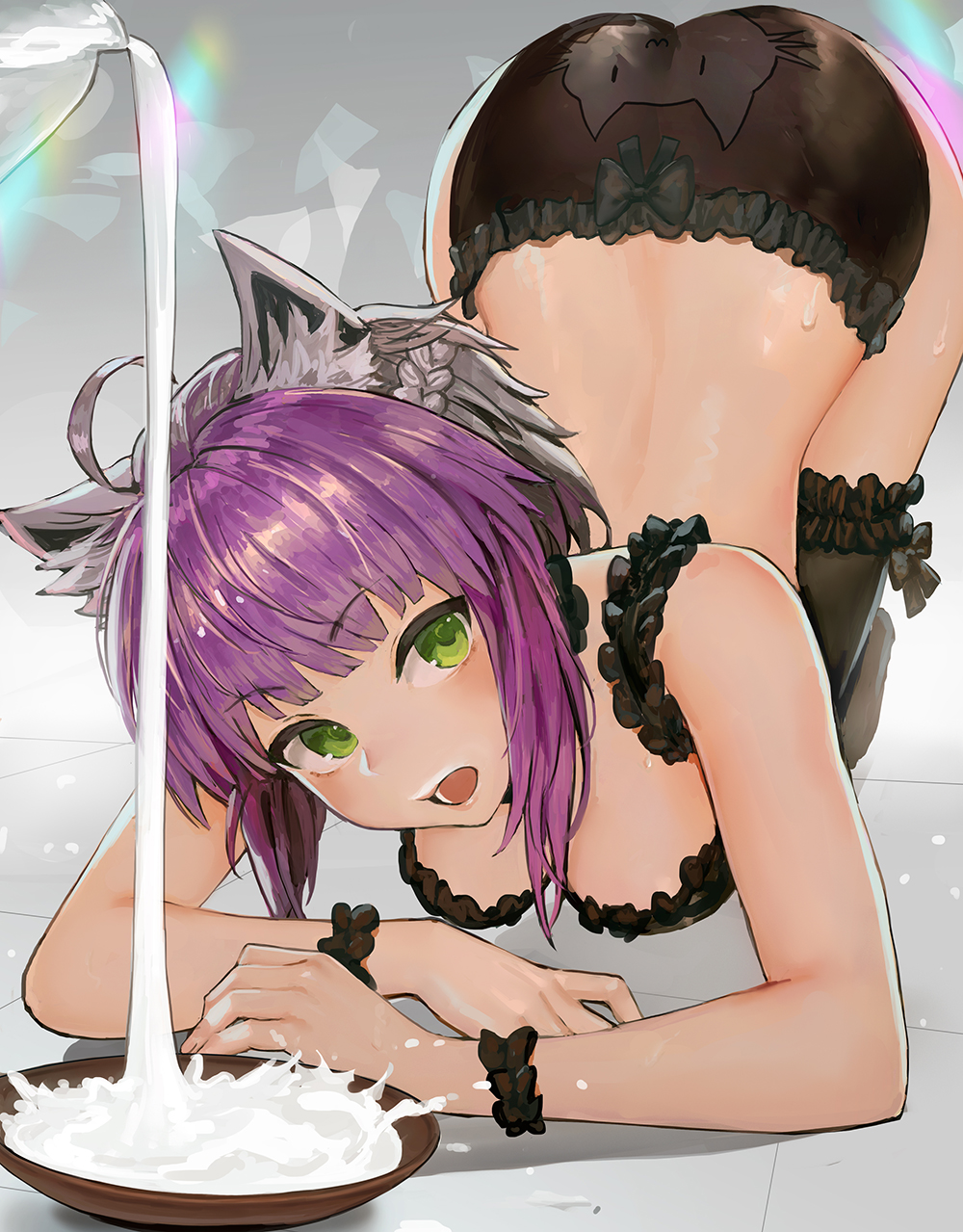 agrius_metamorphosis all_fours animal_ears animal_print ass atalanta_(alter)_(fate) atalanta_(fate) bangs black_legwear blush bowl cat_print danann error eyebrows_visible_through_hair fate/grand_order fate_(series) female frills green_eyes grey_hair half_updo high_resolution lingerie looking_at_viewer milk multicolored_hair nekomimi open_mouth petplay pouring purple_hair short_hair sidelocks solo tagme thighhighs tied_hair top-down_bottom-up two-tone_hair underwear underwear_only