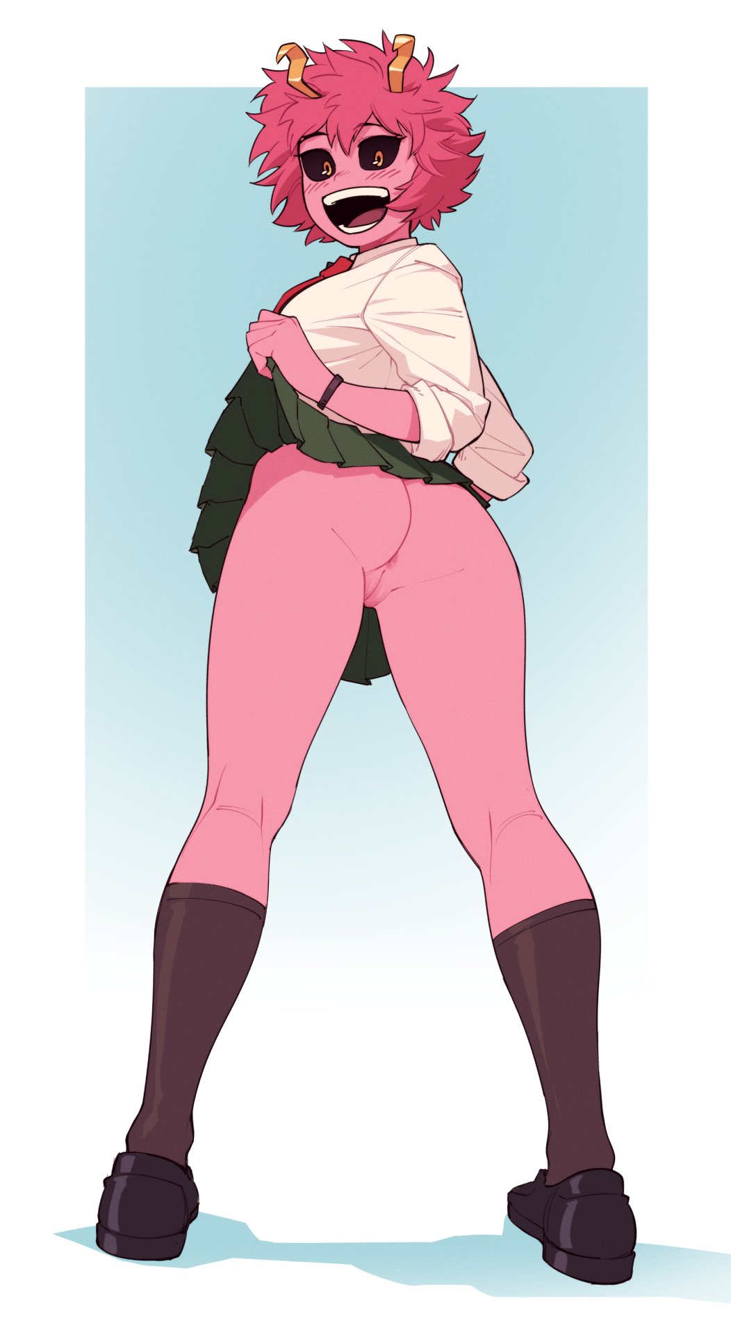 1girls, ass, assertive female, boku no hero academia, female, female only, flashing, going commando, lifting skirt, looking at viewer, looking back, mina ashido, my hero academia, no panties, pink hair, pink skin, pink-haired female, presenting anus, presenting ass, presenting pussy, pussy, school uniform, short hair, skirt lift, solo, suoiresnu, teenager