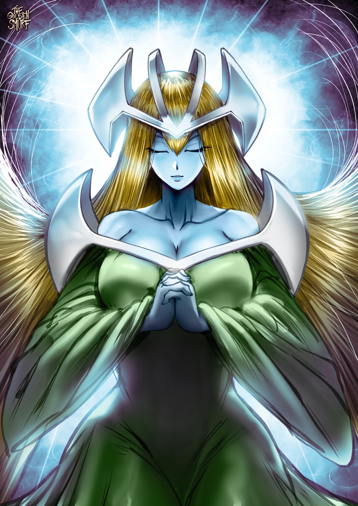 1girls blonde_hair blue_skin cleavage closed_eyes dress female female_only hands_together hi_res light_rays long_hair mystical_elf praying solo solo_female solo_focus thegoldensmurf thick_thighs wide_hips yu-gi-oh!