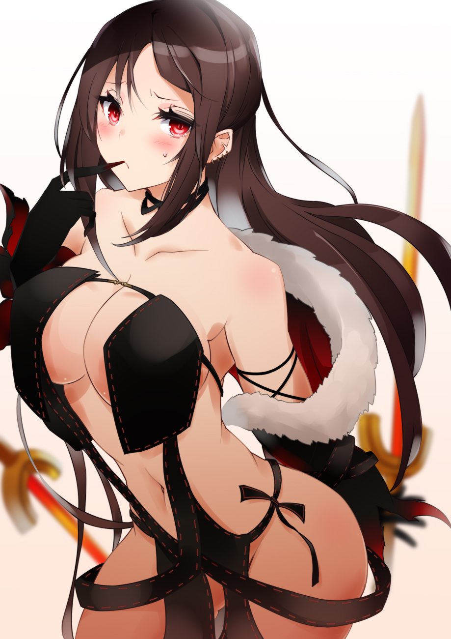 akuta_hinako bangs black_choker black_dress blurry blurry_background blush breasts brown_hair center_opening choker clavicle cleavage cleavage_cutout clothing_cutout collar_(clothes) dress ear_piercing earrings fate/grand_order fate_(series) female finger_to_mouth fur fur-trimmed_jacket fur_collar fur_trim groin high_resolution jacket jewelry long_hair looking_at_viewer medium_breasts multiple_earrings navel piercing red_eyes revealing_clothes sidelocks solo sword vane very_long_hair weapon yu_miaoyi_(fate)