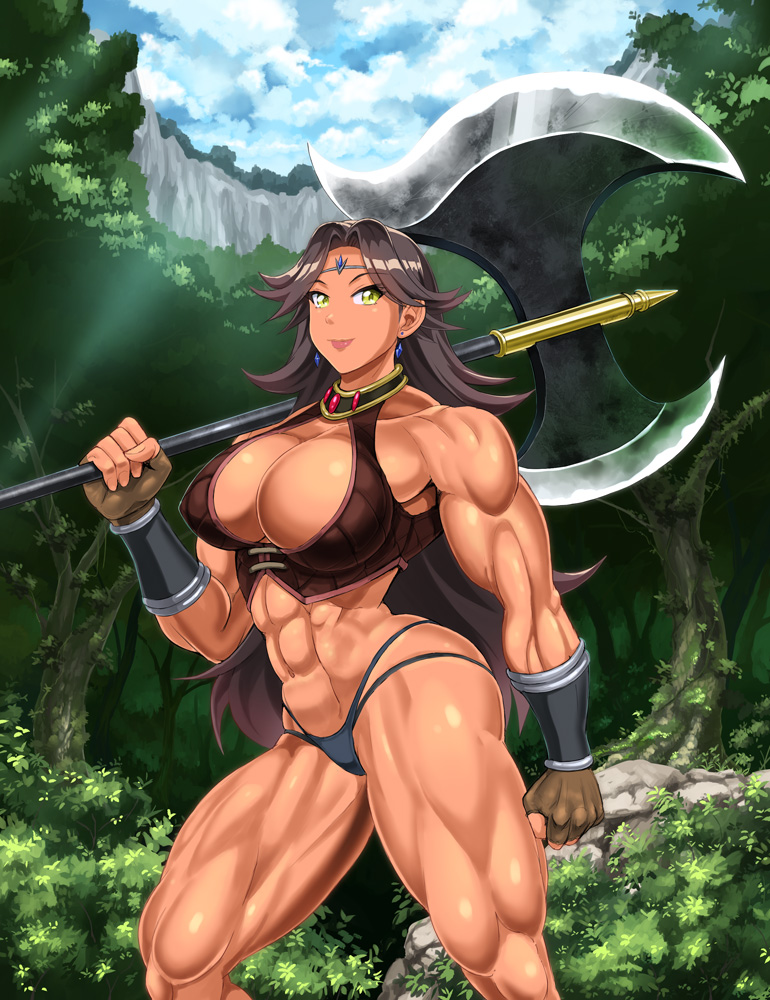 1girls abs amazon amazon_(goblin_slayer) athletic athletic_female axe bare_shoulders big_breasts breasts brown_hair circlet cleavage cleavage_cutout clothing_cutout fit fit_female forest gloves goblin_slayer halterneck holding_weapon muscle muscles muscular muscular_female muscular_thighs nature panties shopyun sleeveless smile sole_female solo_female tall taller_girl tan tan_skin tanned tanned_skin thick_thighs thighs thong vambraces warrior weapon yellow_eyes