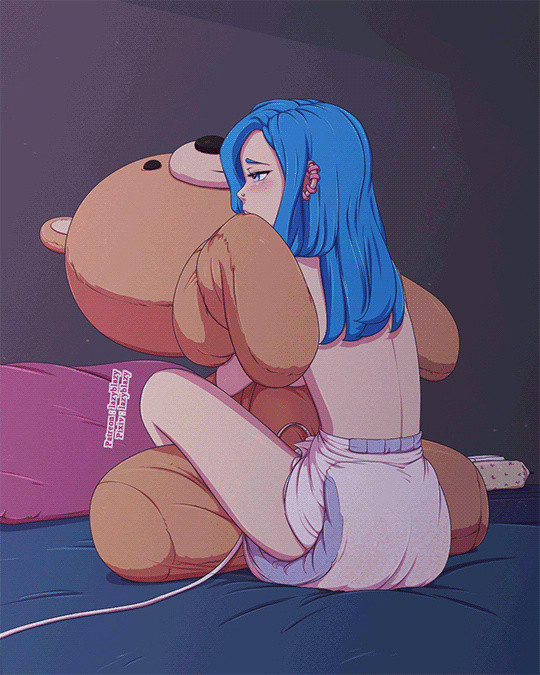 1girls 2021 bed blue_hair blush diaper diaper_only digital_drawing_(artwork) digital_media_(artwork) female hair hug human lazyblazy_(artist) masturbation pillow teddy_bear topless vibrator white_diaper