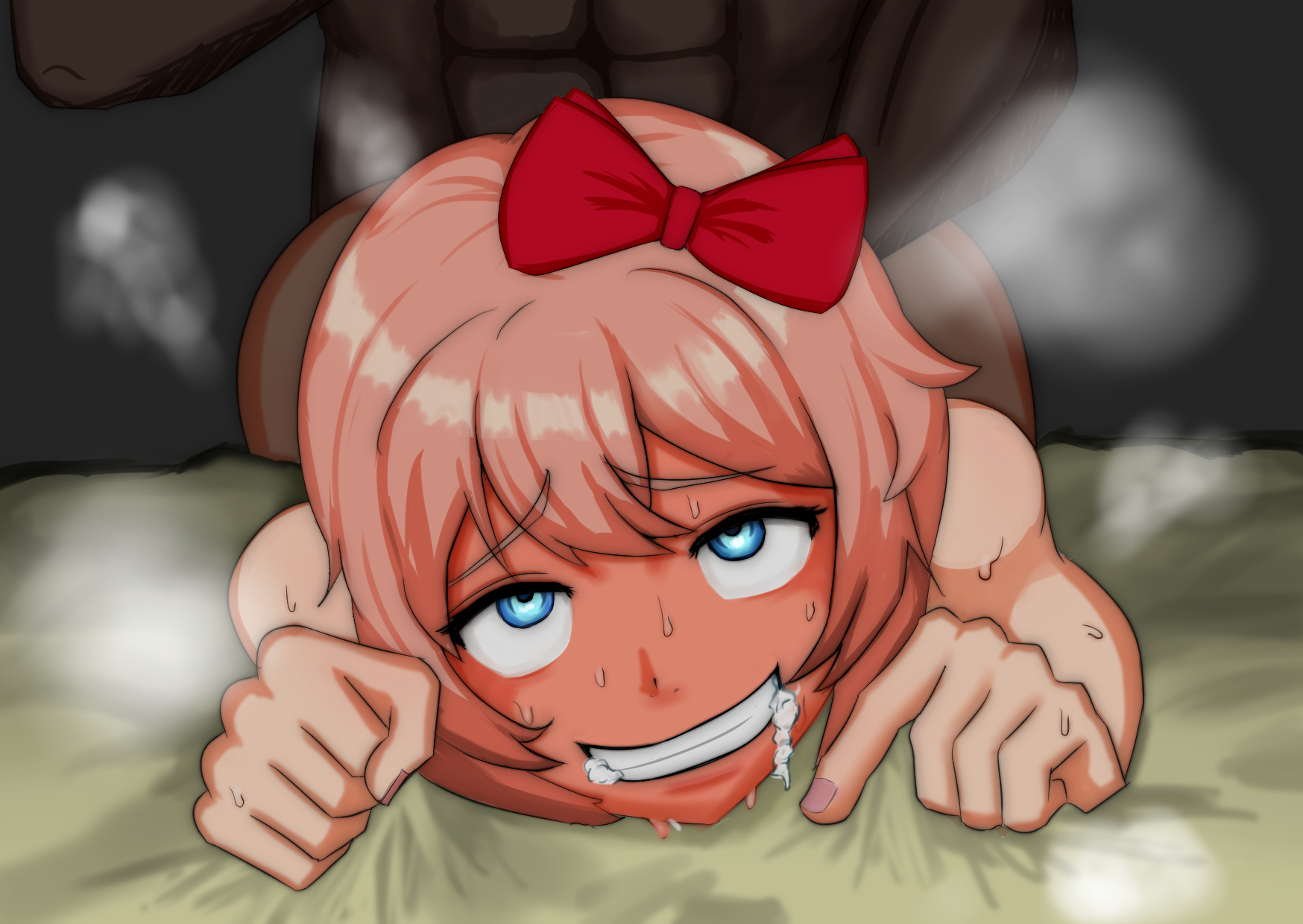1boy, 1girls, abs, ahe gao, blue eyes, bow, dark skin, dark-skinned male, dcuvd0zfkhg574z, doki doki literature club, drooling, female, foaming at the mouth, grabbing sheets, interracial, light skin, light-skinned female, male, red hair bow, sayori (doki doki literature club), short hair, smile, strawberry blonde hair