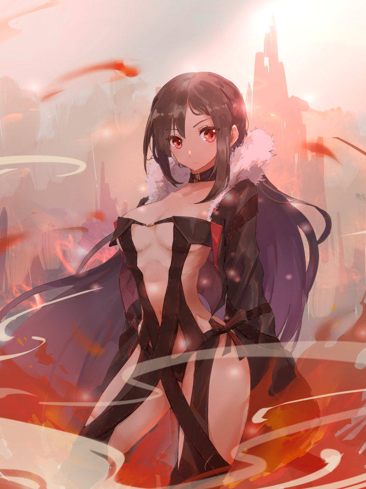 akuta_hinako bare_shoulders black_collar black_dress black_hair black_jacket bow breasts center_opening collar contrapposto dress fate/grand_order fate_(series) female female fur-trimmed_jacket fur_trim jacket long_hair long_sleeves looking_at_viewer medium_breasts nejikyuu pixiv_id_5806400 red_eyes revealing_clothes solo strapless strapless_dress tagme very_long_hair yu_miaoyi_(fate)