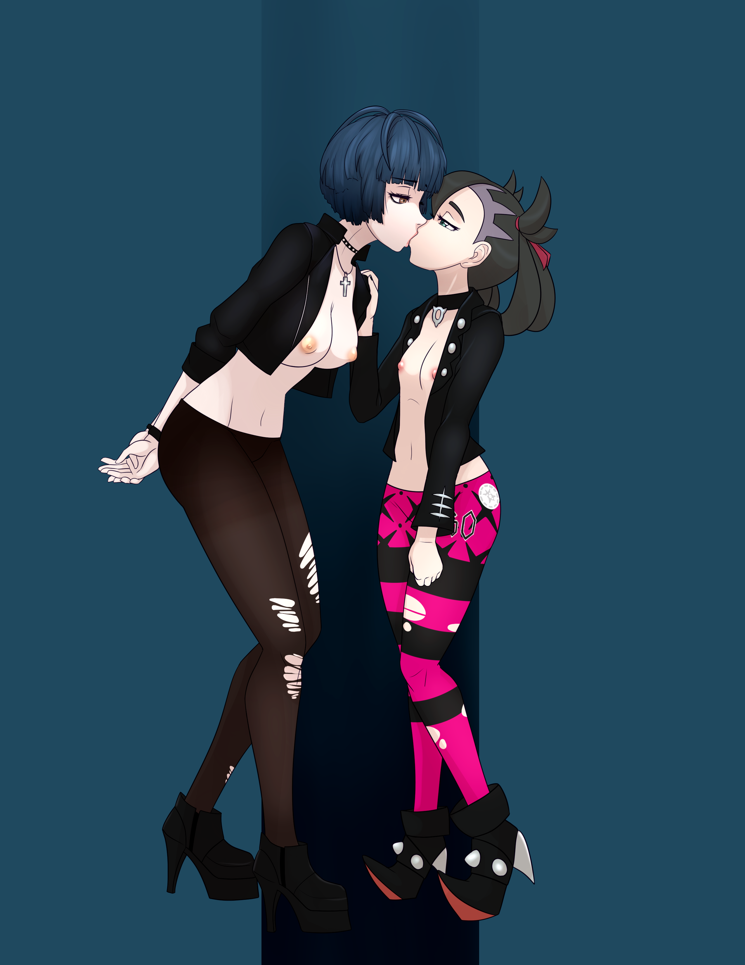 2girls, age difference, asymmetrical hair, atlus, bangs, black choker, black footwear, black hair, black jacket, black legwear, black nail polish, black nails, black pantyhose, boots, breasts, brown eyes, choker, collar, cross, cross necklace, crossover, female, female only, french kiss, green eyes, gym uniform, hair, hair ribbon, hair ribbons, heels, height difference, high heel boots, high heels, jewelry, kissing, leather, leather jacket, leggings, light skin, light-skinned female, long sleeves, makeup, marnie (pokemon), maverick-crafts, mavertorn clothes, medium breasts, medium hair, megami tensei, nail polish, necklace, nintendo, nipples, no bra, open clothes, open jacket, pale, pale skin, pale-skinned female, pantyhose, persona, persona 5, pokemon, pokemon ss, ribbon, ribbons, sega, shirtless, short hair, small breasts, spiked boots, spikes, striped leggings, striped legwear, studded choker, studded collar, tae takemi, torn clothing, torn leggings, torn legwear, torn pantyhose, two-tone hair, undercut, yuri