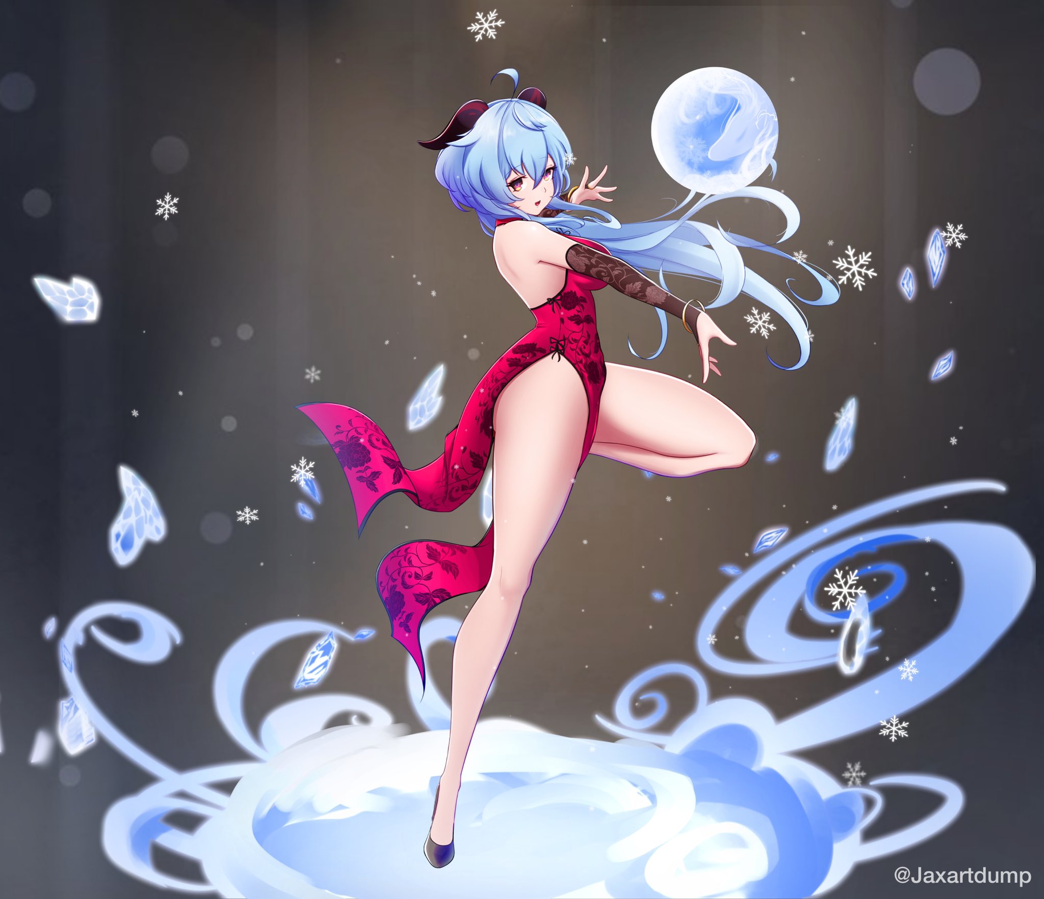 blue hair, female, ganyu (genshin impact), genshin impact, horns, jaxartdump