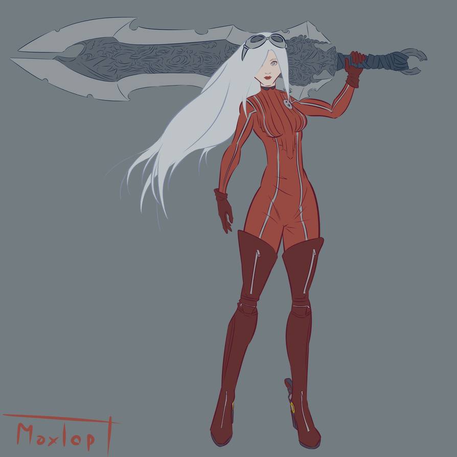 bayonetta catsuit chaoseater clothed crossover darksiders female female_only giant_sword goggles goggles_on_head jeanne_(bayonetta) long_hair solo solo_female sword sword_over_shoulder thighhighs white_hair