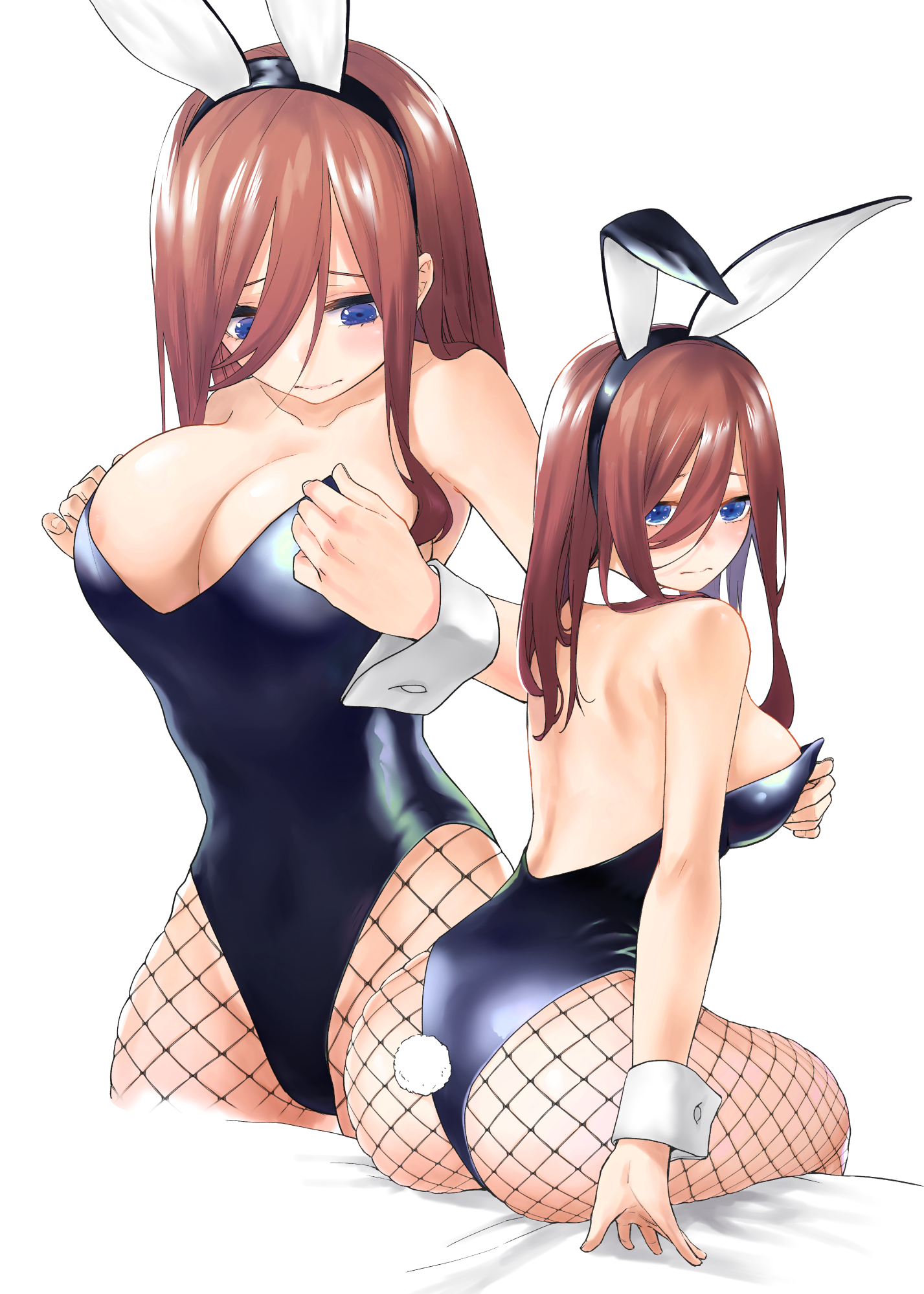 1girls, adjusting clothes, alternate costume, areola, areola slip, ass, backless, backless outfit, big ass, blue hair, breasts, brown hair, bunny ears, bunny girl, bunny tail, bunnysuit, busty, cleavage, clothed female, clothing, curvaceous, curvy, curvy body, curvy female, curvy figure, embarrassed, fake animal ears, fake tail, female, female only, fishnet pantyhose, fishnets, go-toubun no hanayome, huge breasts, kosmos beta, legwear, light skin, light-skinned female, looking at viewer, looking away, looking back, nakano miku, no underwear, pantyhose, petite, revealing, revealing clothes, round ass, shiny, shiny clothes, shiny hair, shiny skin, sitting, sitting on bed, skindentation, solo, solo focus, standing, thong leotard, wavy mouth