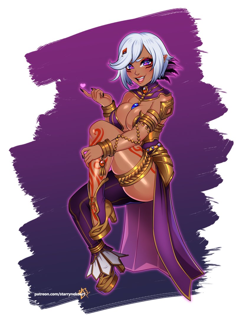 artist_name between_breasts breasts cia_(the_legend_of_zelda) cleavage dark-skinned_female dark_skin heart heels high_heels hyrule_warriors jewelry large_breasts leg_tattoo long_nails makeup nail_polish necklace painted_nails pendant pointy_ears purple_eyes starrynekoart tagme tattoo the_legend_of_zelda thick_thighs thighs white_hair