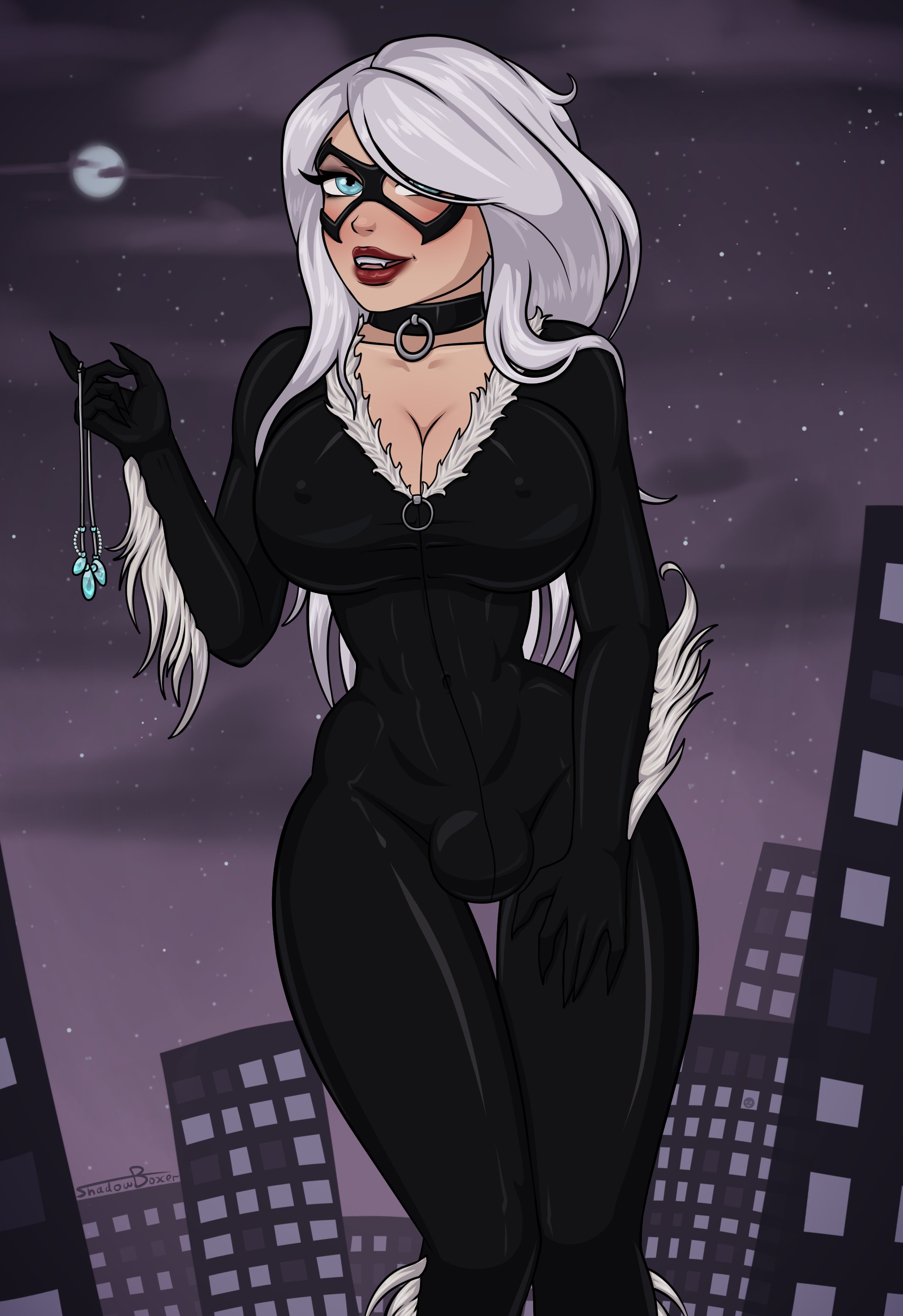1futa, big breasts, black cat (marvel), bodysuit, breasts, bulge, cleavage, clothed, clothing, erect nipples, felicia hardy, fully clothed, futa only, futanari, human, intersex, large breasts, light skin, light-skinned futa, marvel, marvel comics, nipples, pale skin, shadowboxer, solo, spider-man (series), standing, thigh gap, wide hips