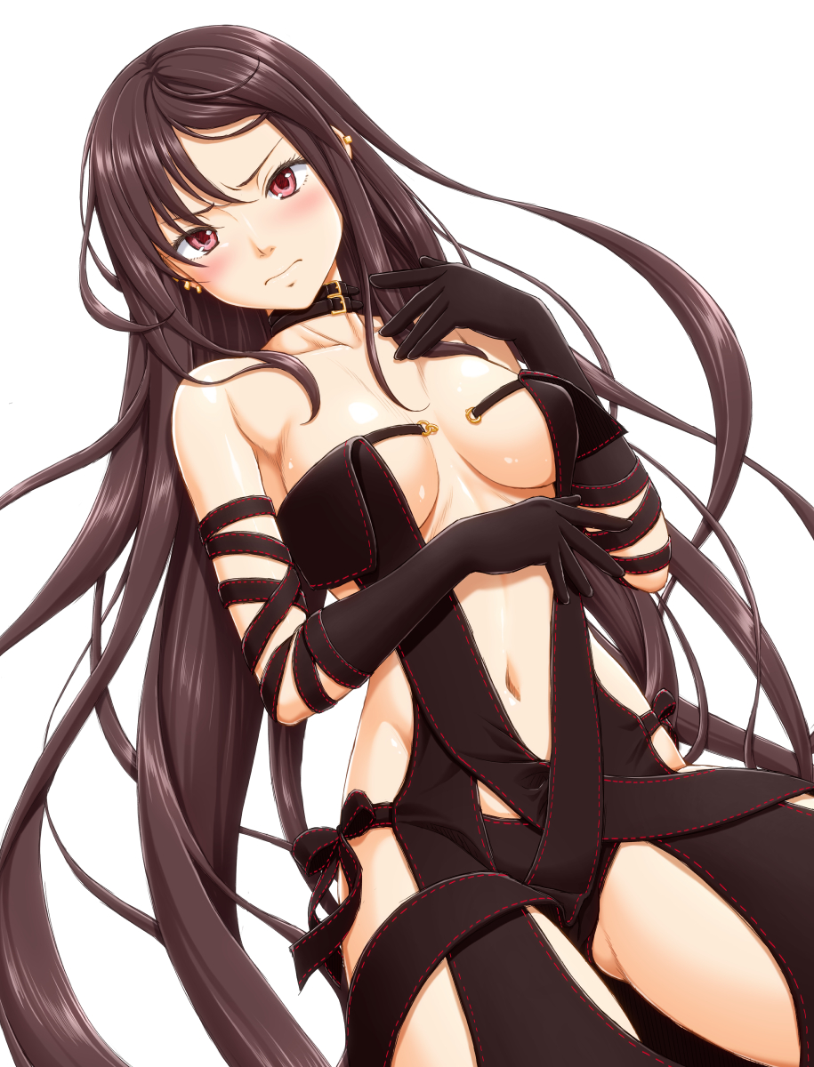 akuta_hinako bangs bare_shoulders black_choker black_dress black_gloves blush breasts brown_hair center_opening choker clavicle closed_mouth dress ear_piercing earrings fate/grand_order fate_(series) female female gloves high_resolution jewelry long_hair looking_at_viewer medium_breasts multiple_earrings navel piercing red_eyes revealing_clothes simple_background sin-go solo strapless strapless_dress tagme thighs very_long_hair white_background yu_miaoyi_(fate)