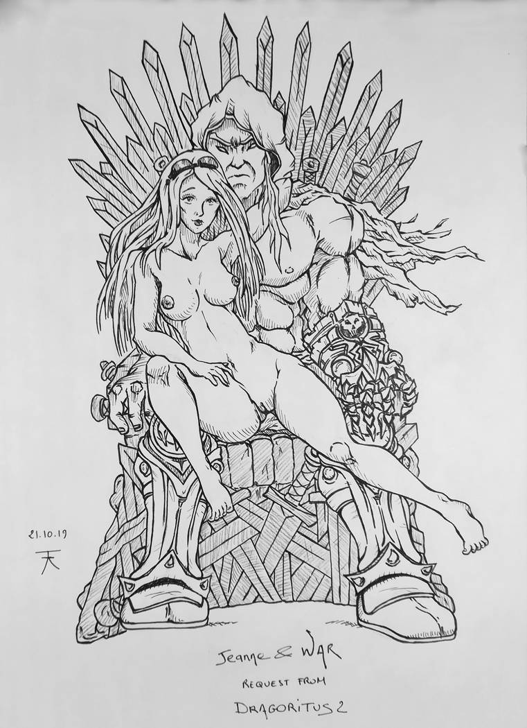 1boy 1girls armored_boots bayonetta crossover crossover_pairing darksiders eastern_and_western_character erect_nipples female goggles goggles_on_head jeanne_(bayonetta) male muscular muscular_male naked nipples pussy sitting_on_lap sitting_on_person throne traditional_media_(artwork) war_(darksiders)