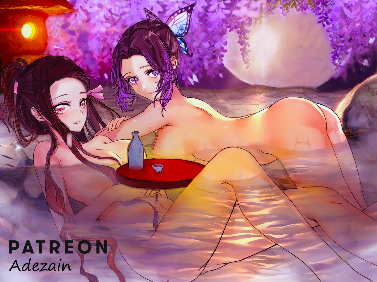 2girls, adezain, ass, ass up, bathing, bathing together, black hair, black-haired female, butterfly hair ornament, completely nude, convenient censoring, dark hair, demon slayer, detailed background, female, female only, hair ribbon, hot spring, kamado nezuko, kimetsu no yaiba, kochou shinobu, long hair, looking at viewer, nude, onsen, outside, pink eyes, purple eyes, purple hair, purple-haired female, reclining, two-tone hair, water, wet, wisteria (flower)