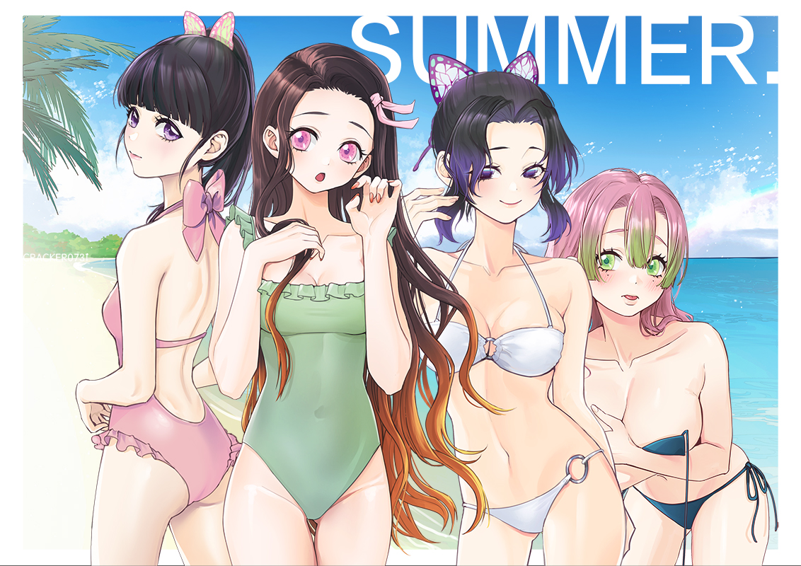 4girls, adult swim, bangs, beach, big breasts, bikini, black hair, black-haired female, breasts, butterfly hair ornament, cleavage, covering breasts, covering self, dark hair, demon slayer, female, female only, hair ribbon, kamado nezuko, kanroji mitsuri, kimetsu no yaiba, kochou shinobu, long fingernails, long hair, looking at viewer, looking back, medium breasts, multiple females, multiple girls, one-piece swimsuit, outside, pink eyes, pink hair, pink swimsuit, pink-haired female, ponytail, purple eyes, purple hair, purple-haired female, small breasts, smile, swimsuit, text, toonami, tsuyuri kanao, two-tone hair, untied bikini, wardrobe malfunction, white bikini