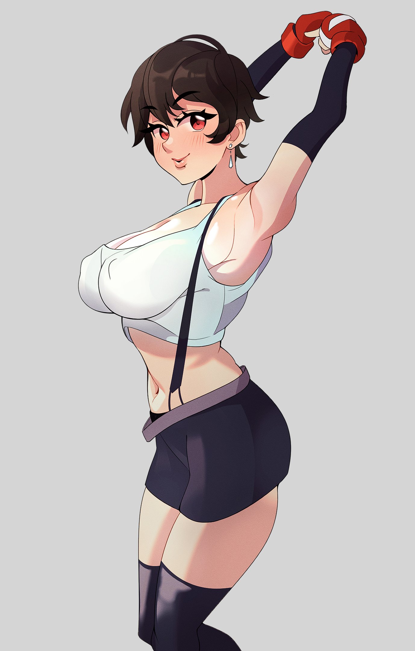 1girls, alternate hair length, alternate hairstyle, armpits, arms above head, belt, blush, breasts, brown hair, cleavage, clothed, crop top, earrings, erect nipples, female, female only, final fantasy, final fantasy vii, final fantasy vii remake, fully clothed, gloves, large breasts, looking at viewer, navel, nipples, nipples visible through clothing, oregano, plain background, red eyes, short hair, skirt, smile, solo, stretching, suspenders, tank top, thighhighs, tifa lockhart, very short hair