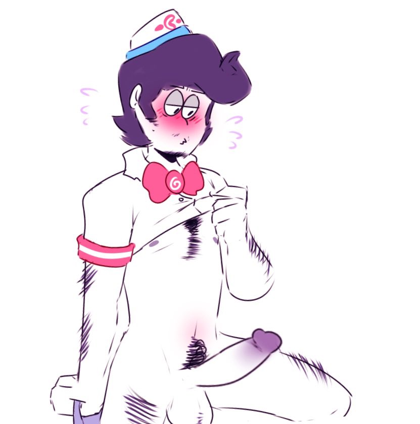 blush body_hair bottomless bowtie dokuseibechi embarrassed kevin_(spooky_month) kevin_the_kandy looking_down male male_only penis shirt_lift solo solo_male spooky_month sr_pelo uniform