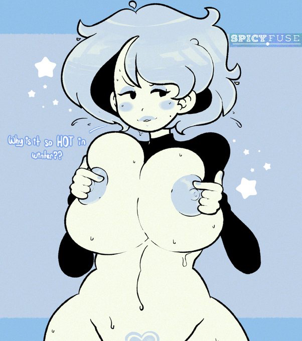 1girls, big breasts, blue hair, blue nipples, blush, breasts, busty, curvy, demon, demon girl, dialogue, exposed breasts, female, light skin, light-skinned female, mckenzie (spicyfuse), mob face, original, original character, pale skin, pale-skinned female, pussy, spicyfuse, sweat, sweatdrop, sweaty, text, thick thighs, tongue, tongue out