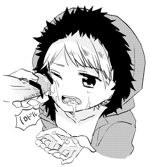 arata2ji_ cum cum_in_mouth cum_on_hand cupping_hands gay hooded_jacket kenny_mccormick male_only monochrome open_mouth penis_on_cheek short_hair south_park wink yaoi