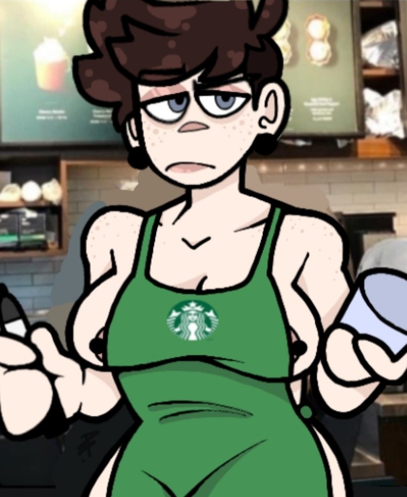 apron apron_only breasts cleavage female female_focus female_only iced_latte_with_breast_milk large_breasts lavabutts meme nipples original original_character pierced_nipples piercing reece_(lavabutts) starbucks