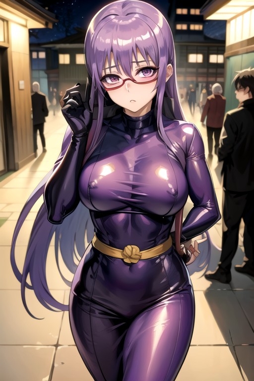 ai_generated alternate_costume bodysuit female female_focus gintama glasses hiradegirl kunoichi looking_at_viewer male medium_breasts ninja nipple_bulge outside purple_eyes purple_hair red-framed_glasses sarutobi_ayame skin_tight solo_focus tight_clothing