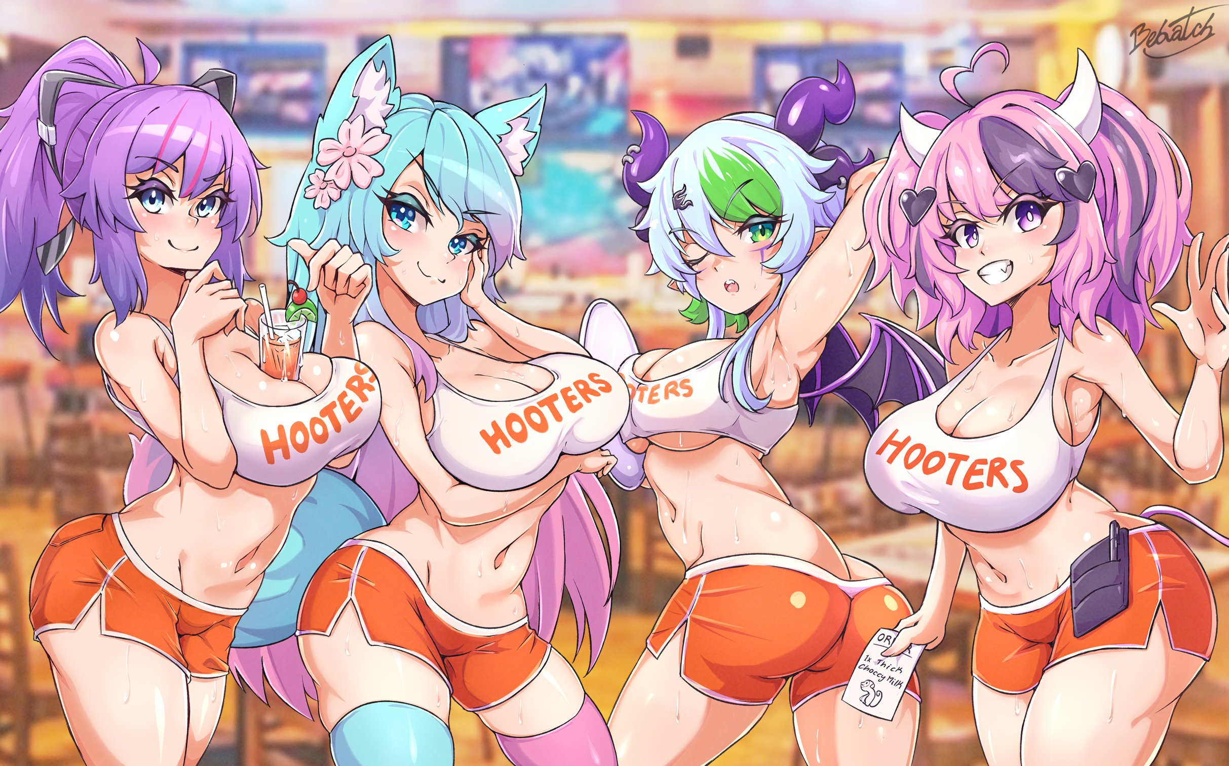 4girls, alternate costume, ass, ass cleavage, ass crack, bebatch, big breasts, blue eyes, blue hair, blush, breasts, butt crack, demon, demon girl, demon horns, demon tail, demon wings, female, froot, green eyes, hooters, horns, ironmouse, ironmouse (season 2), large breasts, long hair, melody (projektmelody), multiple females, multiple girls, pink eyes, pink hair, ponytail, projektmelody, purple hair, silvervale, sweat, tank top, thick thighs, thighs, twintails, twitch.tv, virtual youtuber, vshojo