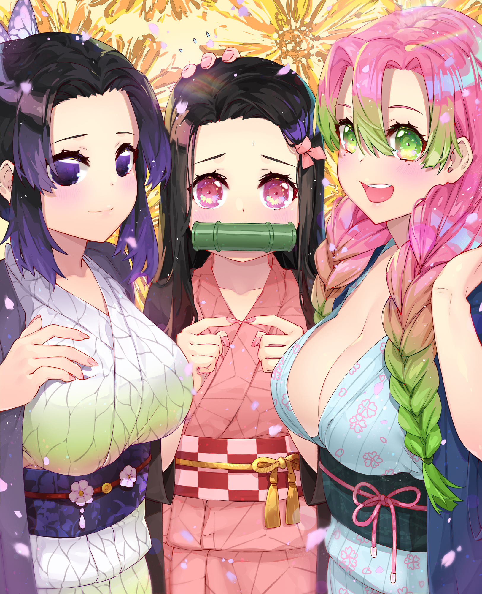 3girls, alternate costume, big breasts, black hair, black-haired female, blush, braided hair, breast size difference, breasts, butterfly hair ornament, cleavage, demon slayer, doujin cover, female, female focus, female only, flat chest, fully clothed, gag, green eyes, hand on another's head, haori, kamado nezuko, kanroji mitsuri, kimetsu no yaiba, kimono, kochou shinobu, long hair, looking at viewer, mole under eye, multiple females, multiple girls, no bra, obi, open mouth, pink eyes, pink hair, pink-haired female, purple eyes, purple hair, purple-haired female, sharp fingernails, shy, smile, sparkling eyes, two-tone hair, upper body, waterring