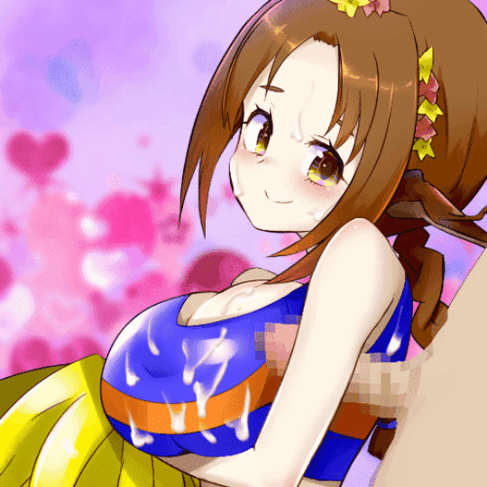 1boy, 1girls, animated, armpit sex, artist request, big breasts, breasts, brown hair, cheerleader, cheerleader uniform, circle teckua, circletecka, cum, cum on breasts, cum on face, demon, demon girl, female, flower in hair, long ears, male, penis, sex, source request, twin braids, yellow eyes