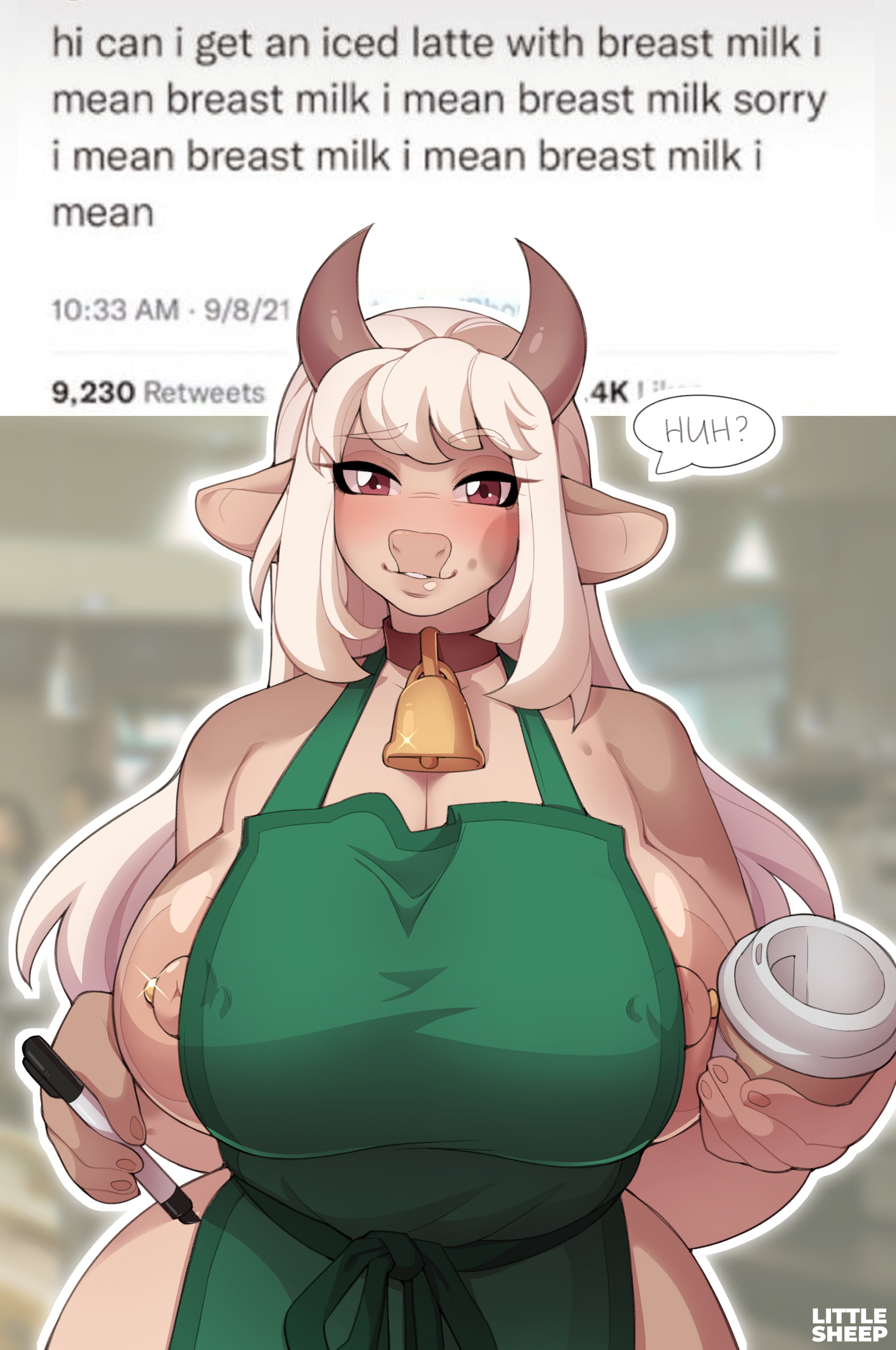 1girls, anthro, apron, big breasts, bovine, breasts, busty, collar, cow ears, cow horns, cowbell, cowgirl, female, huge breasts, iced latte with breast milk, large breasts, littlesheep, looking at viewer, meme, nipple piercing, nipples, piercing, starbucks, tagme, white hair