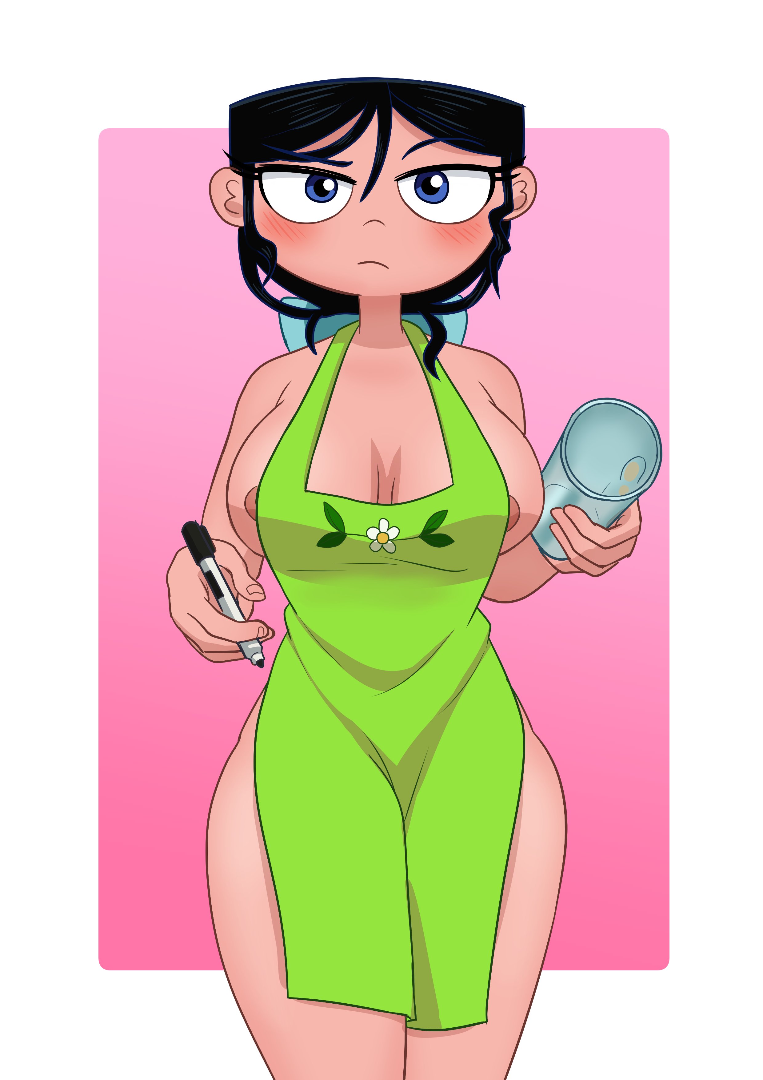 aged up, big breasts, black hair, breasts, busty, disney, disney channel, disney xd, female, gradient background, huge breasts, iced latte with breast milk, isabella garcia-shapiro, large breasts, meme, phineas and ferb, pink background, starbucks, tagme, white background