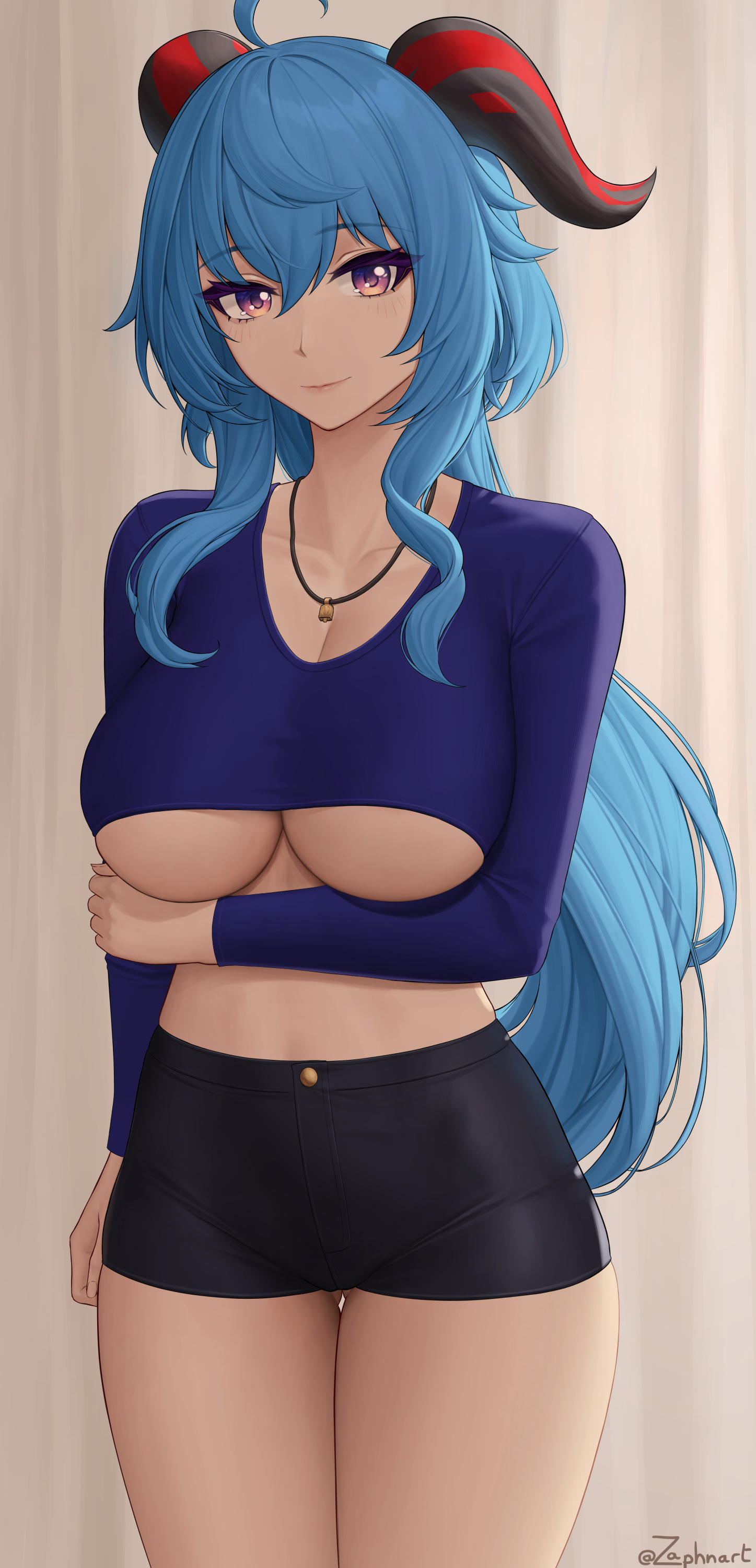1girls, big breasts, blue hair, breasts, collar, female, female only, ganyu (genshin impact), genshin impact, horns, large breasts, long hair, looking at viewer, purple eyes, shorts, solo, solo female, thick, thick thighs, underboob, voluptuous, zaphn