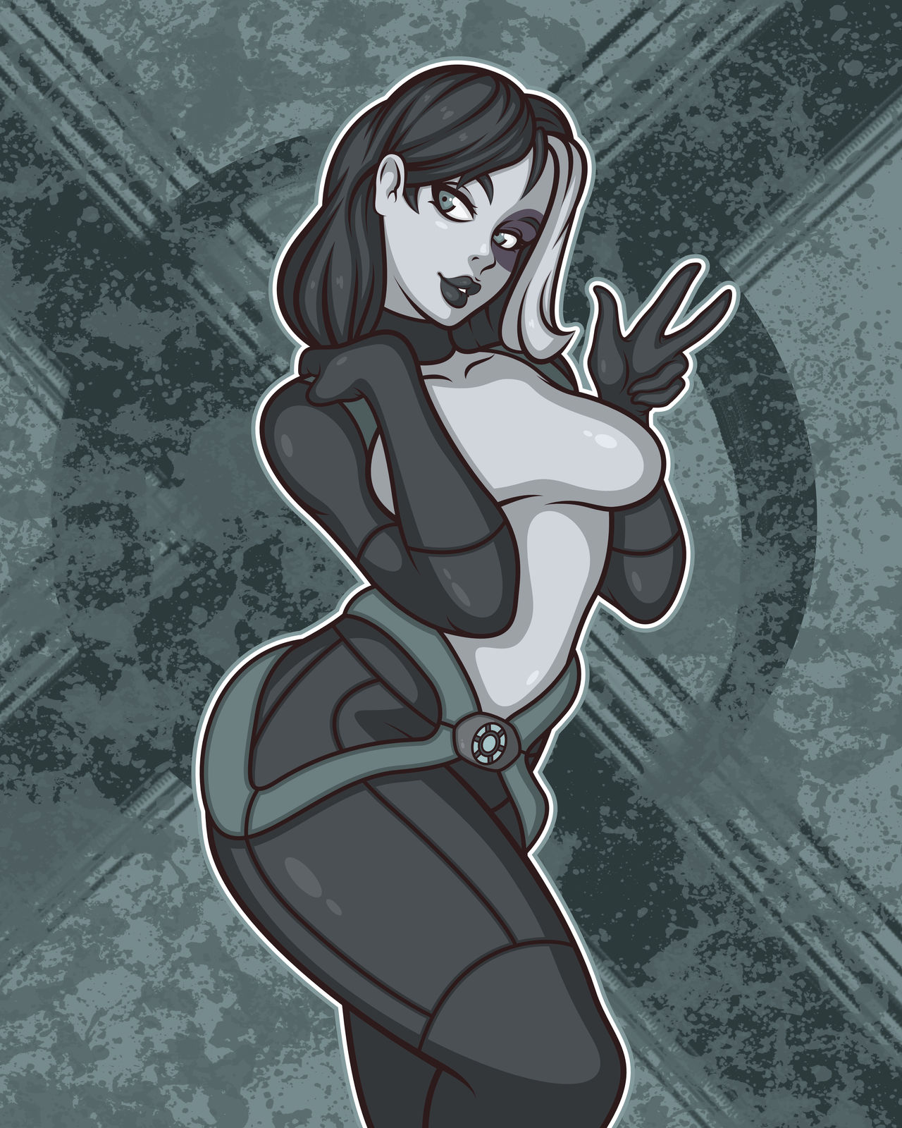 1girls, bodysuit, breasts, domino (marvel), female, female focus, female only, flatillustratorkhan, howardk, howardk1999, khan!, looking at viewer, marvel, marvel comics, neena thurman, short hair, smile, smiling, smiling at viewer, solo female, thighs, two-tone hair, voluptuous, x-force
