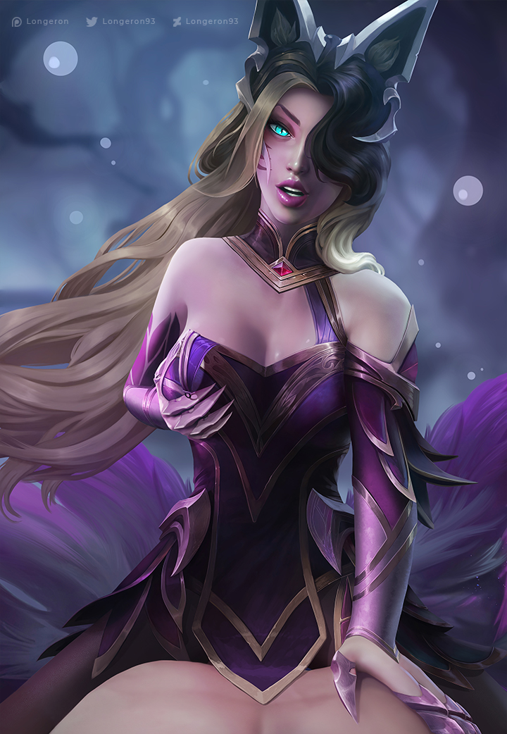 1boy, 1girls, ahri, alternate costume, athletic, athletic female, black hair, blonde hair, blue eyes, clothed female nude male, clothed sex, coven ahri, cowgirl position, eclipse series, eye contact, female, female focus, fox, fox ears, human, human penetrating, kumiho, league of legends, longeron, male, multicolored hair, petite, pov, pussy, riot games, seductive eyes, seductive look, straight, two-tone hair, vaginal penetration, whiskers