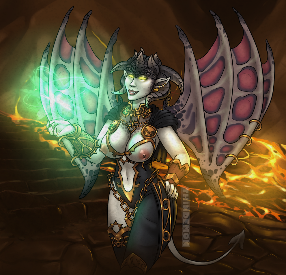 big_breasts darksiders demon_girl demon_horns demon_lord demon_milf demon_tail demon_wings demoness erect_nipples glowing_eyes hand_on_hip lava_volcanic_setting lilith_(darksiders) magic milf mostly_clothed nipples piercing solo solo_female succubus tail wings yellow_eyes