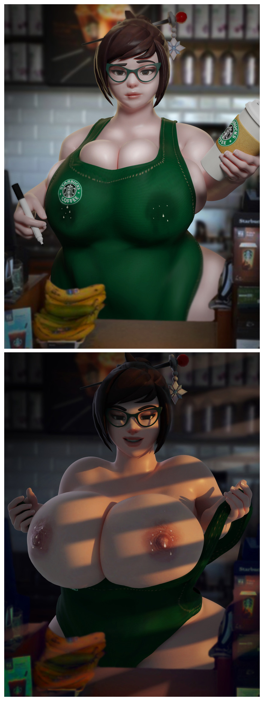 1girls 3d alternate_breast_size alternate_costume annoyed apron areolae asian big_breasts blender blizzard_entertainment breasts breasts_bigger_than_head brown_eyes brown_hair bursting_breasts chinese chubby cleavage collage edit fast_food_uniform female female_only glasses honeydew_mei huge_breasts iced_latte_with_breast_milk lactation lactation_without_expressing large_breasts looking_at_viewer mei_(overwatch) meme milk naked_apron nipples overflow overwatch partially_clothed ponytail pov solo starbucks tagme vanasmut waitress waitress_uniform wide_hips