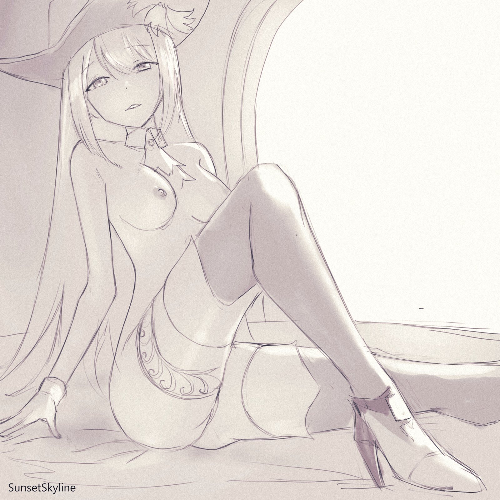 1girls, ban hada, bedroom eyes, breasts, female, female only, functionally nude, hat, high heels, laying on bed, leggings, long hair, looking at viewer, medium breasts, monochrome, nijisanji, nijisanji kr, nipples, sketch, solo female, sunset skyline, sunsetskyline, virtual youtuber