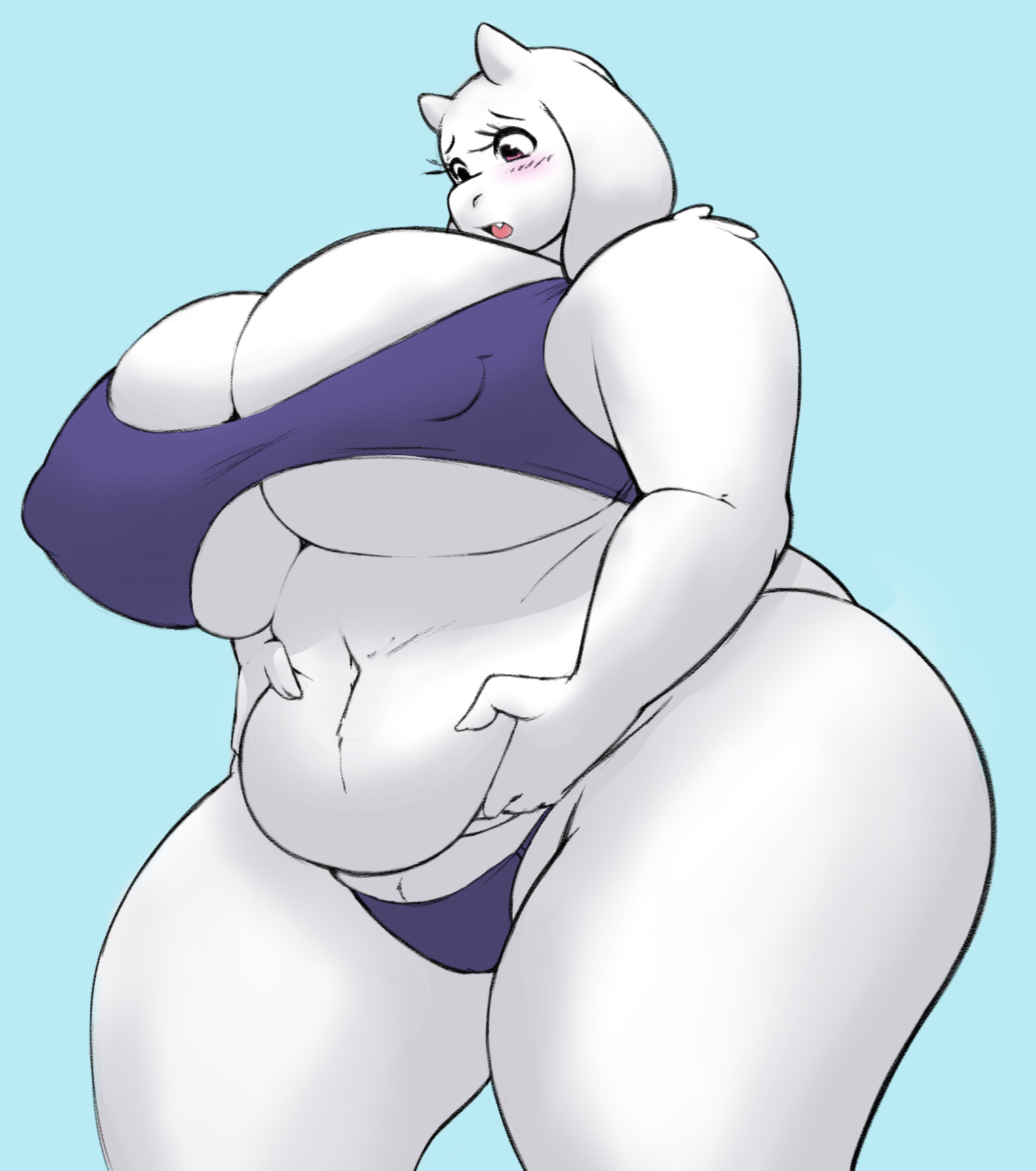 1girls, anthro, belly, belly grab, belly overhang, big belly, big breasts, bikini, breasts, cervine, chubby, chubby female, color edit, cute, cute fang, edit, eikasianspire, female, female only, huge breasts, large breasts, mature female, milf, nipple bulge, overweight, overweight female, purple bikini, skimpy, solo, thick thighs, thighs, third-party edit, toriel, undertale, venus body, white skin, wide hips