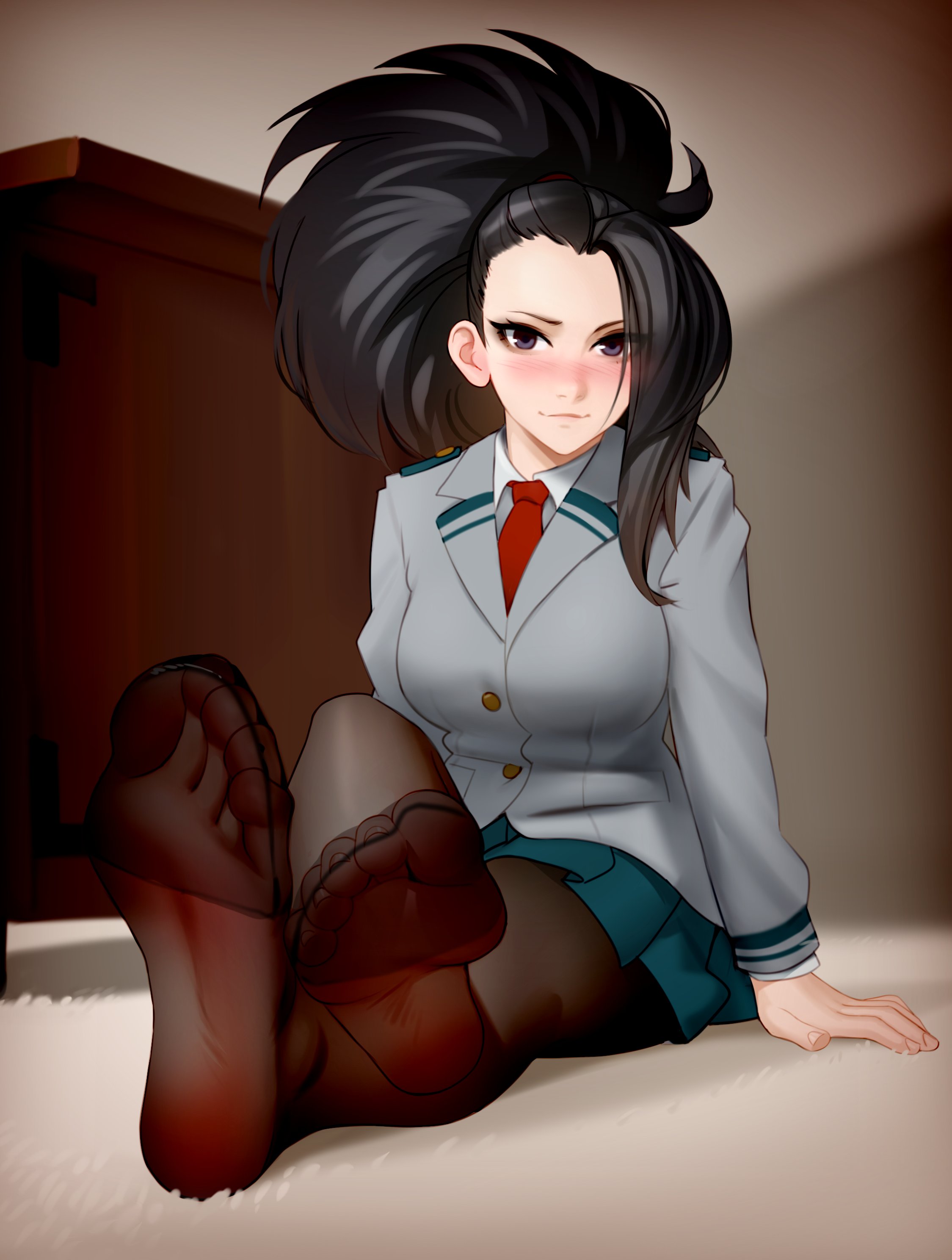 1girls, breasts, feet, feet visible through clothing, female, female only, foot fetish, greek toe, kairuhentai, kairunoburogu, looking at viewer, momo yaoyorozu, my hero academia, pantyhose, pov feet, presenting, presenting feet, school uniform, sitting, skirt, soles, solo, toes