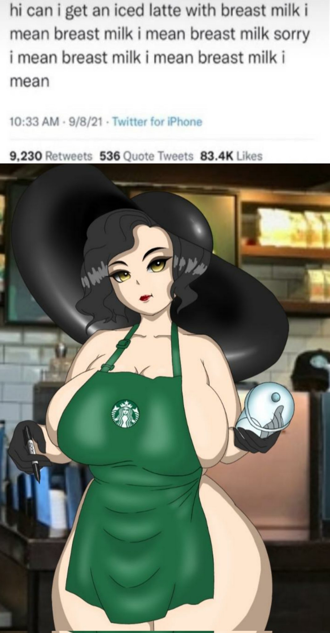 alcina dimitrescu, alucard schiavon, apron, big breasts, breasts, busty, capcom, curvy, female, hat, hourglass figure, huge breasts, iced latte with breast milk, large breasts, light skin, light-skinned female, meme, pale skin, pale-skinned female, resident evil, resident evil 8: village, sideboob, starbucks, tagme, thick thighs, thin waist, wide hips
