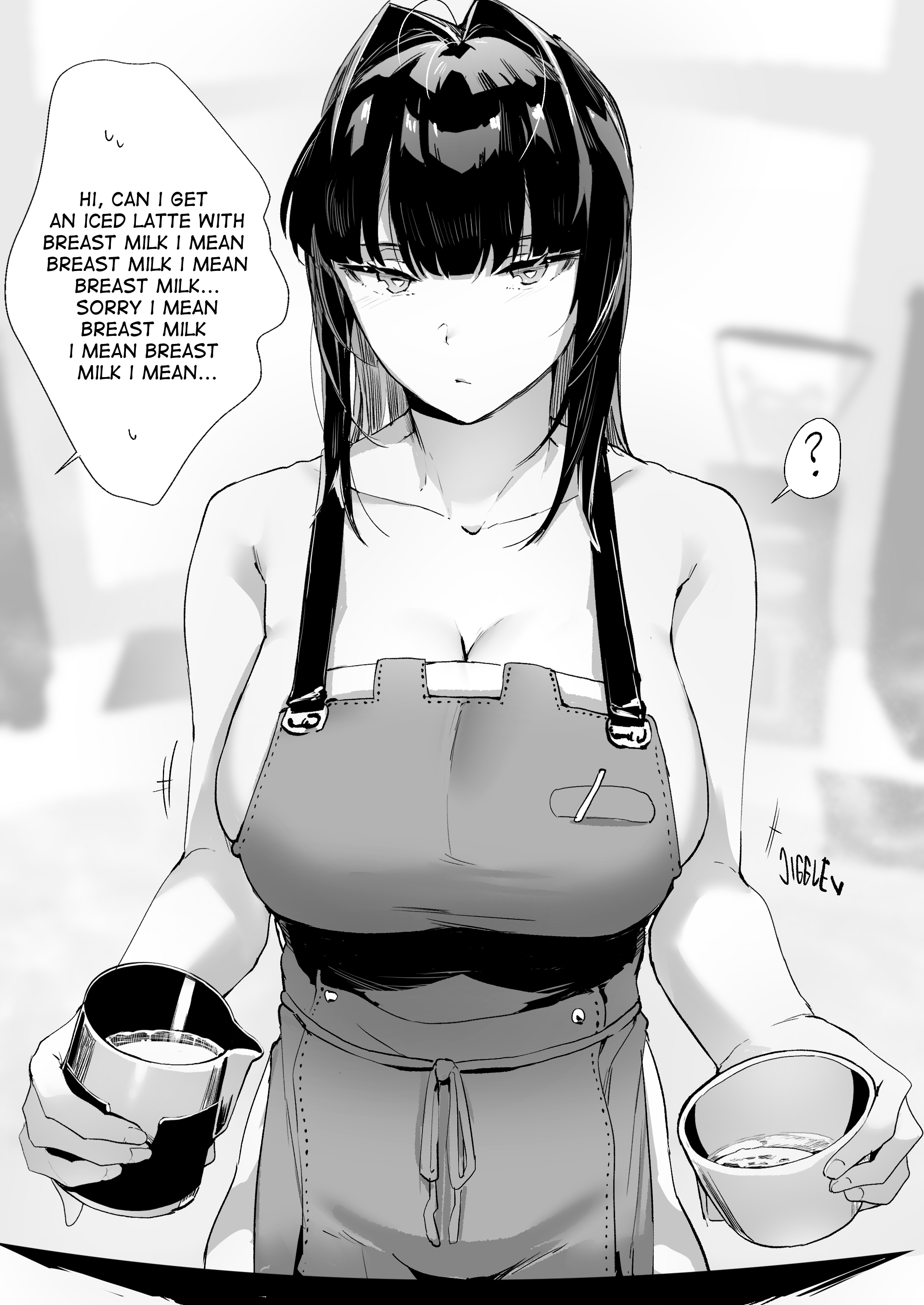 1girls, big breasts, breasts, busty, english text, female, female only, huge breasts, iced latte with breast milk, large breasts, meme, monochrome, naoko (9113419), naoko-san, solo, starbucks, tagme, text