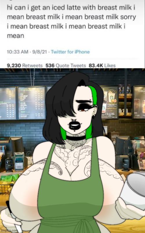 big breasts, breasts, busty, female, goth, huge breasts, iced latte with breast milk, large breasts, meme, starbucks, tagme
