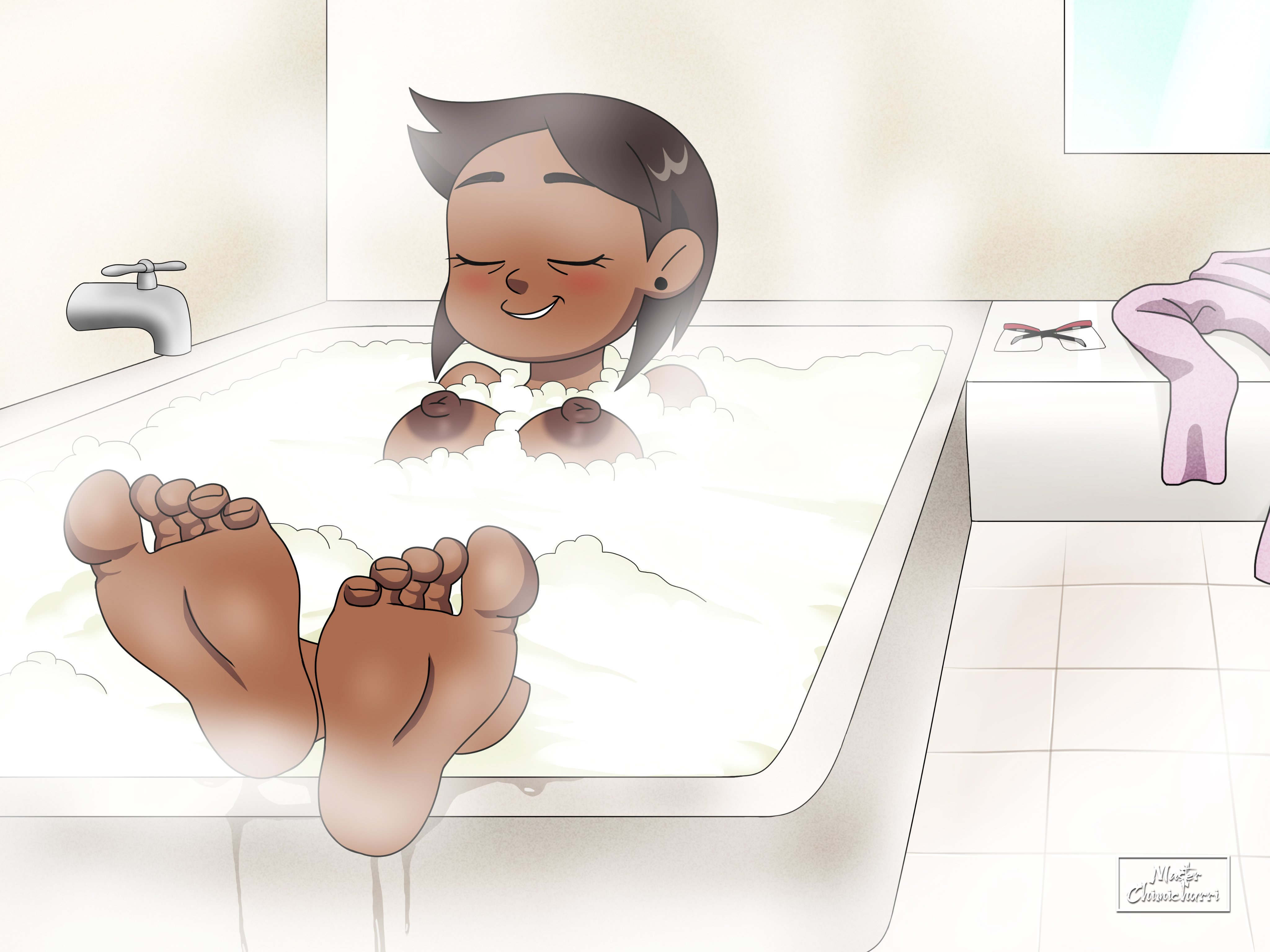 1girls, bathing, bathroom, bathtub, blush, breasts, brown hair, bubble bath, camila noceda, cute, dark skin, dark-skinned female, disney, disney channel, disney xd, earrings, exposed breasts, exposed nipples, feet, feet up, female, female only, foot fetish, foot focus, latina, latina female, latina milf, master chimichurri, mature, mature female, milf, mother, nipples, partially submerged, relaxing, short hair, solo, solo female, steam, the owl house
